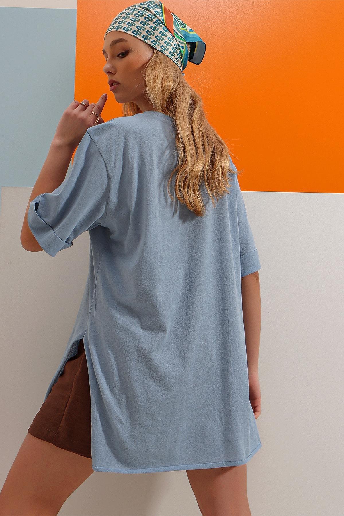 Blue Crew Neck Cotton Oversize T-Shirt, Blue, large image number 3