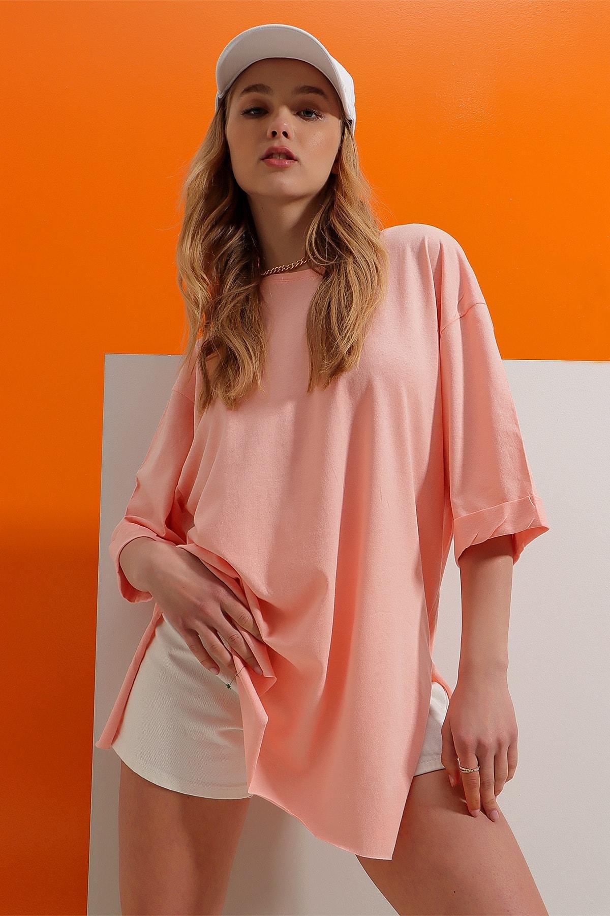Pink Crew Neck Cotton Oversize T-Shirt, , large image number 1