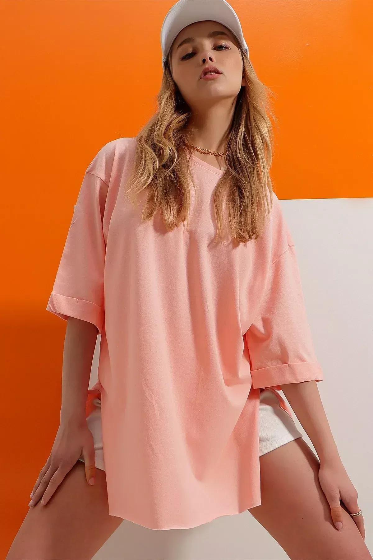 تيشيرت قطن بقصة فضفاضة وفتحة رقبة مستديرة، وردي, Pink, large image number 1