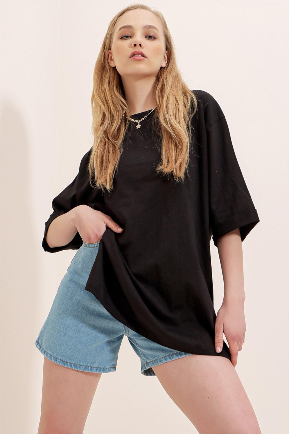 Black Crew Neck Cotton Oversize T-Shirt, , large image number 0