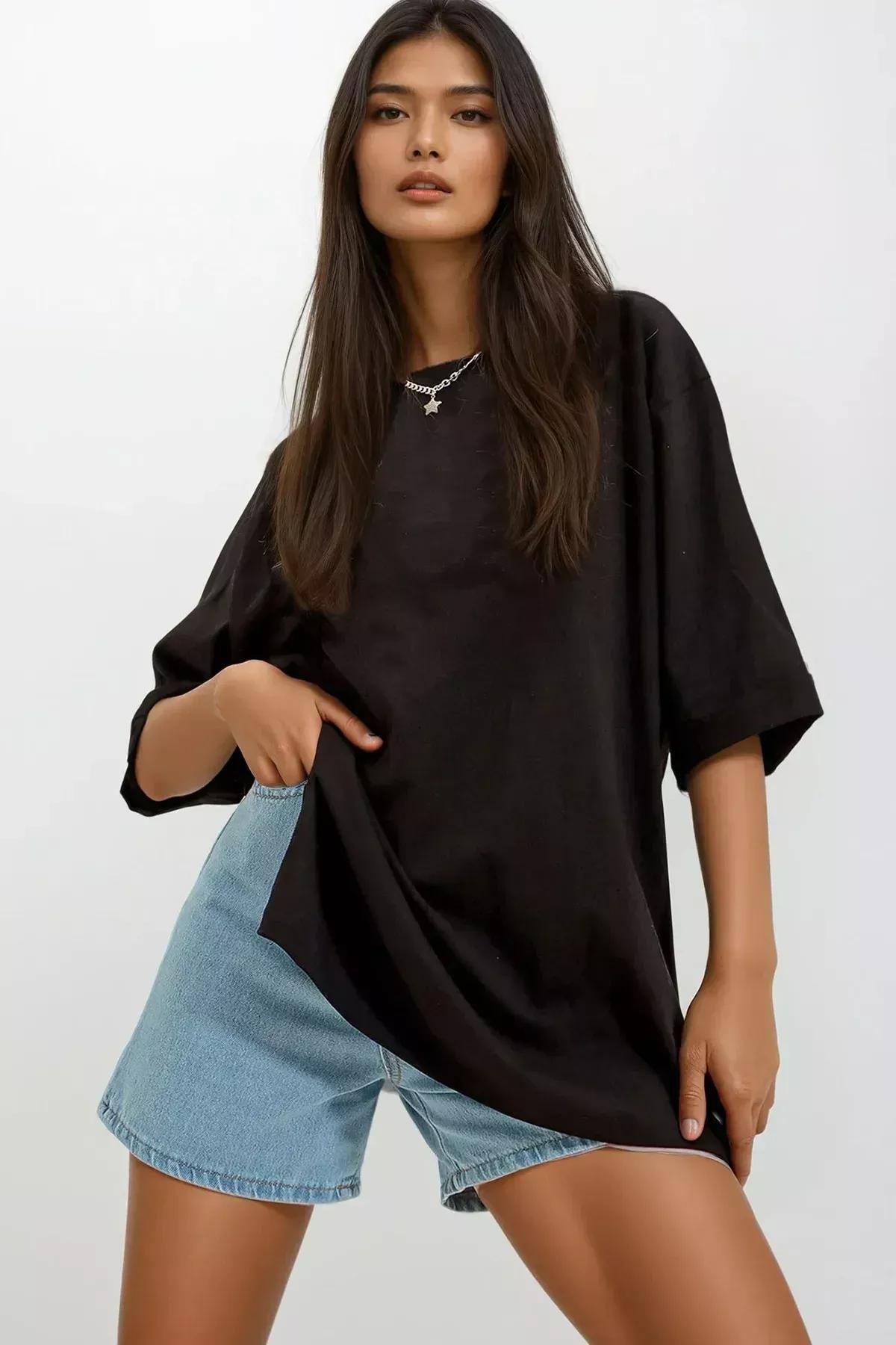 Black Crew Neck Cotton Oversize T-Shirt, , large image number 1