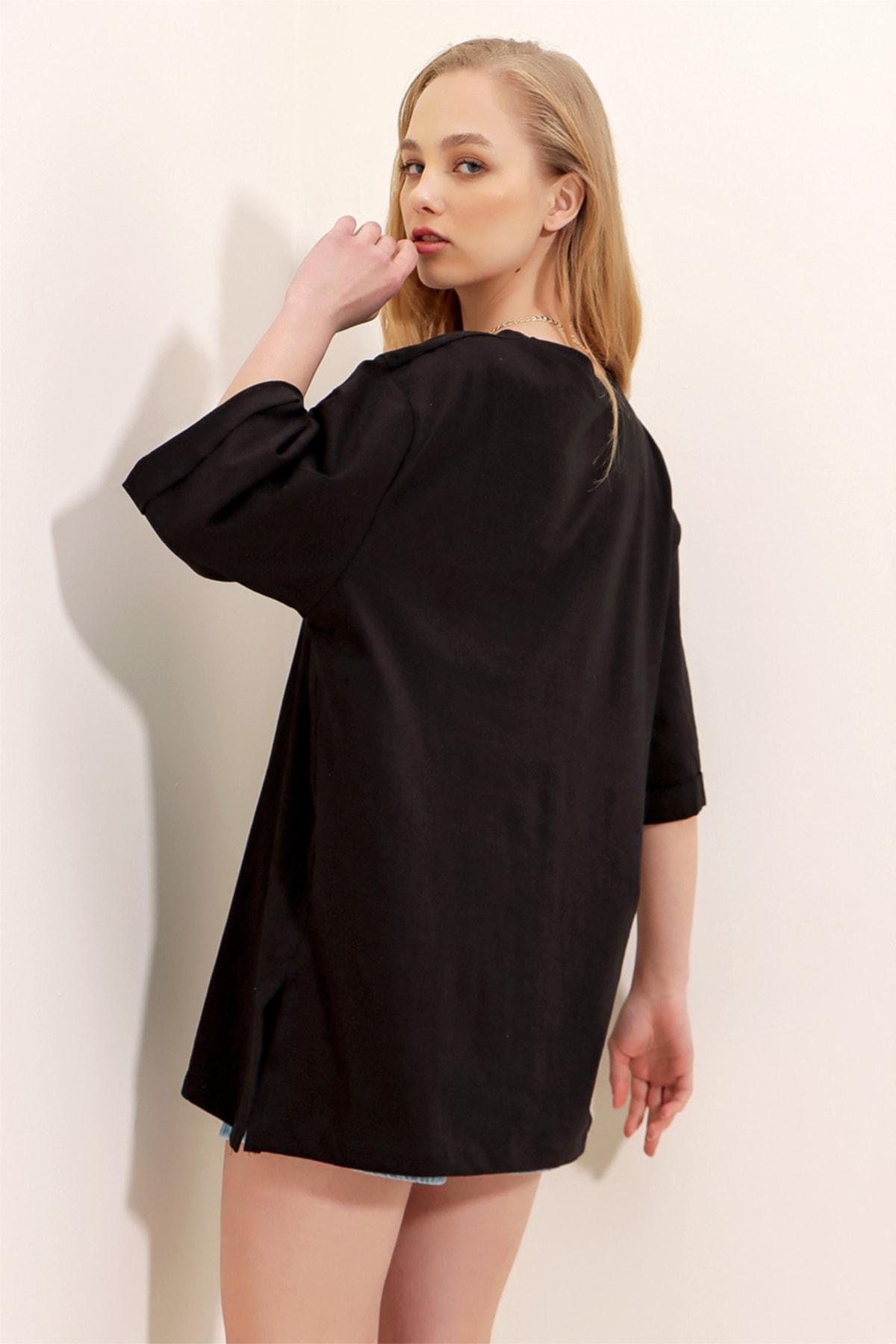 Alacati - Black Crew Neck Cotton Oversize T-Shirt