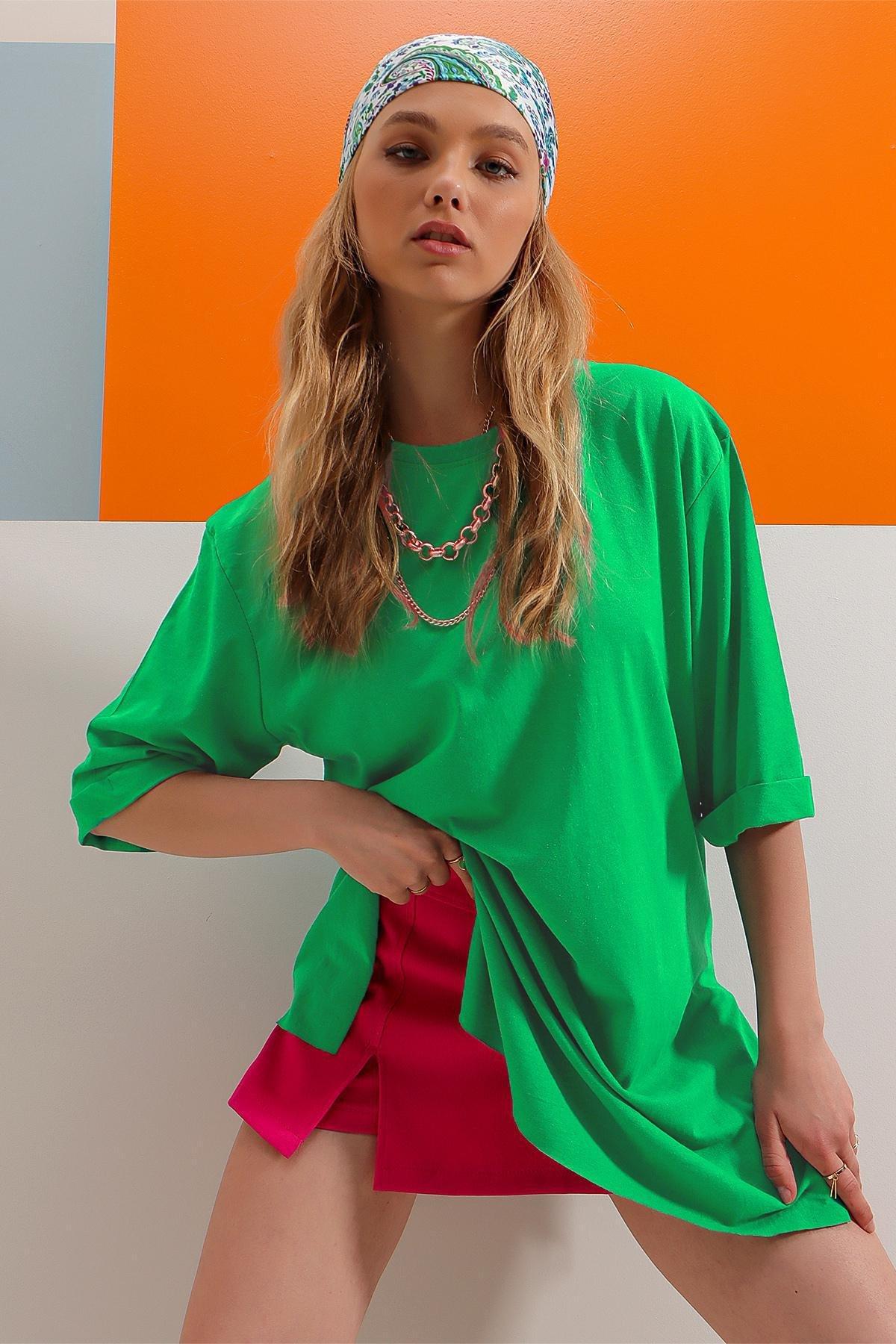 Green Crew Neck Cotton Oversize T-Shirt, , medium