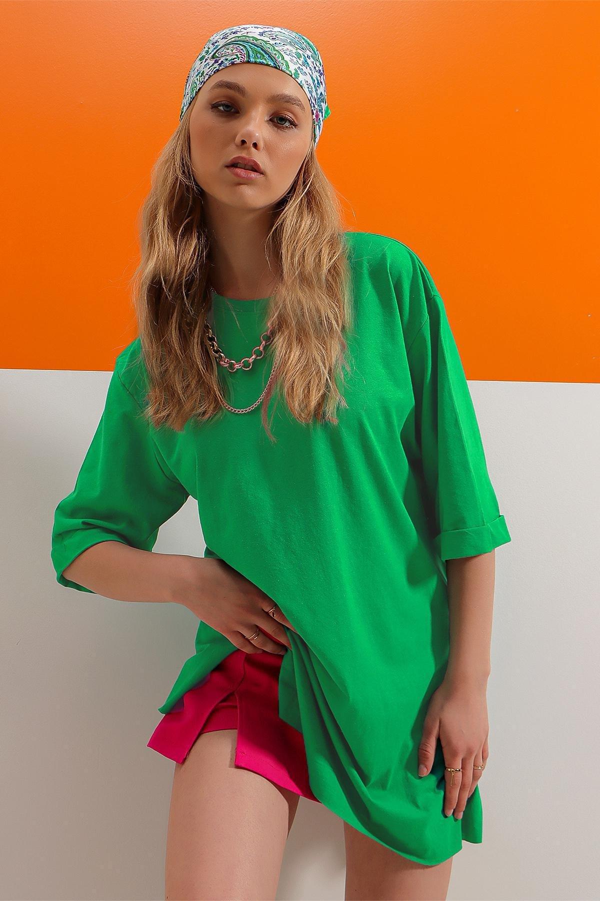 Green Crew Neck Cotton Oversize T-Shirt, , large image number 2