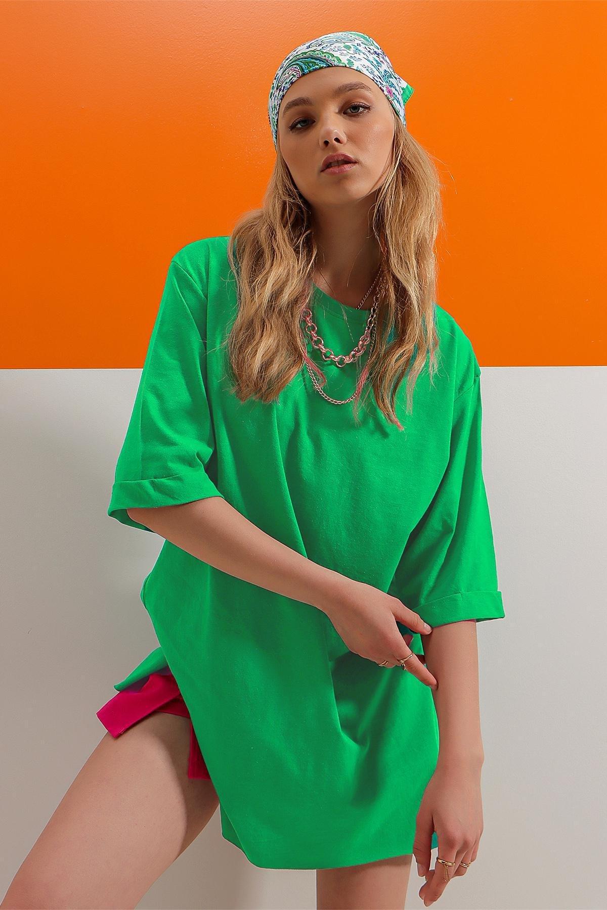 Green Crew Neck Cotton Oversize T-Shirt, , large image number 3