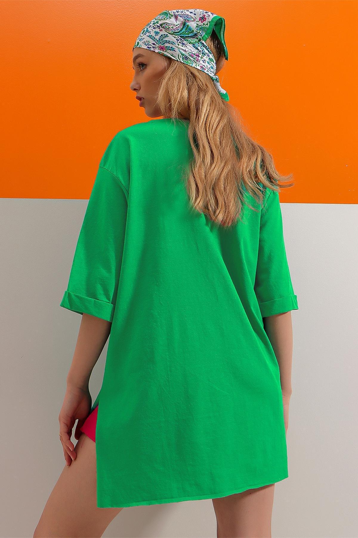 Green Crew Neck Cotton Oversize T-Shirt, , large image number 4