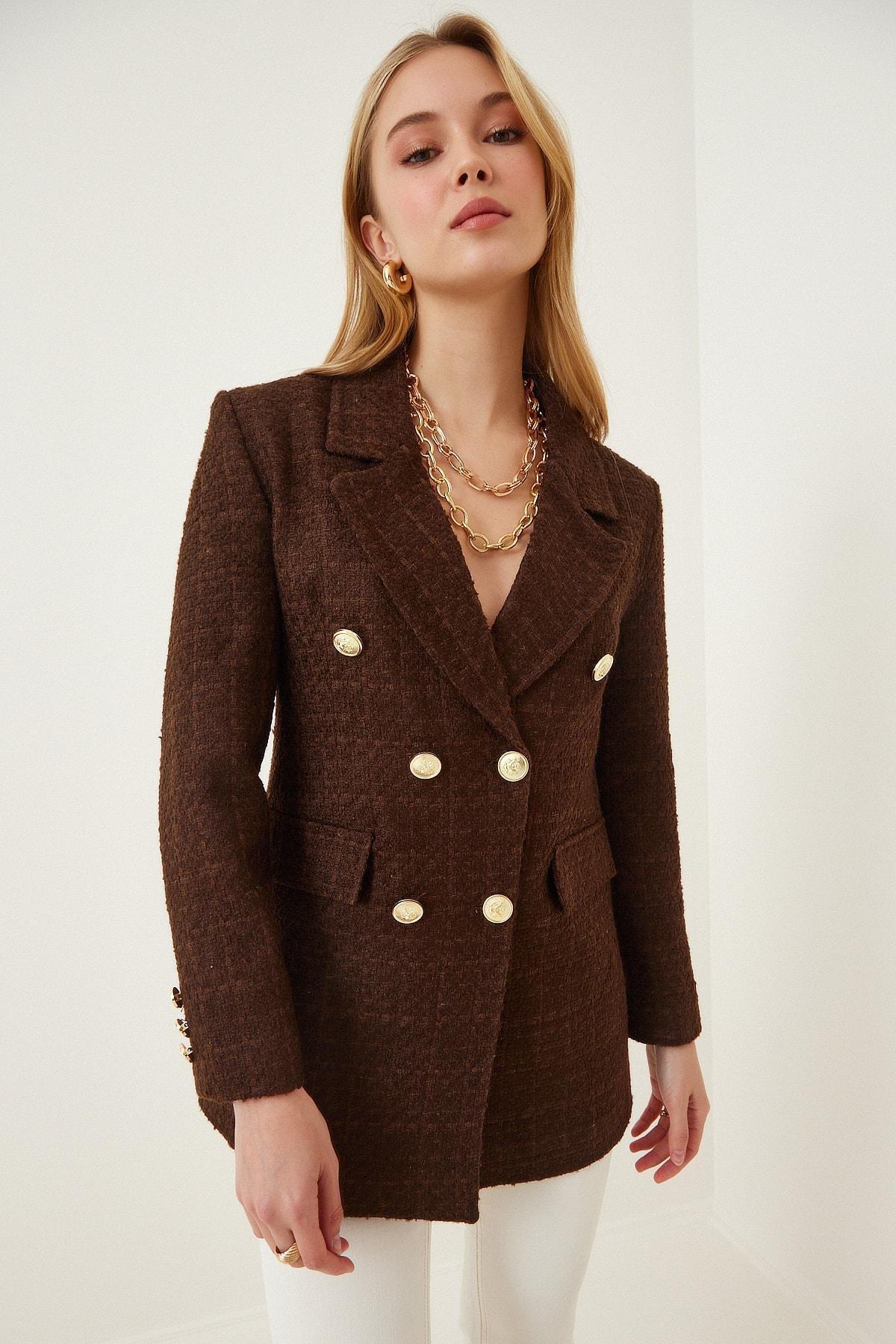 Brown Double-Breasted Lapel Blazer, Brown, large image number 0