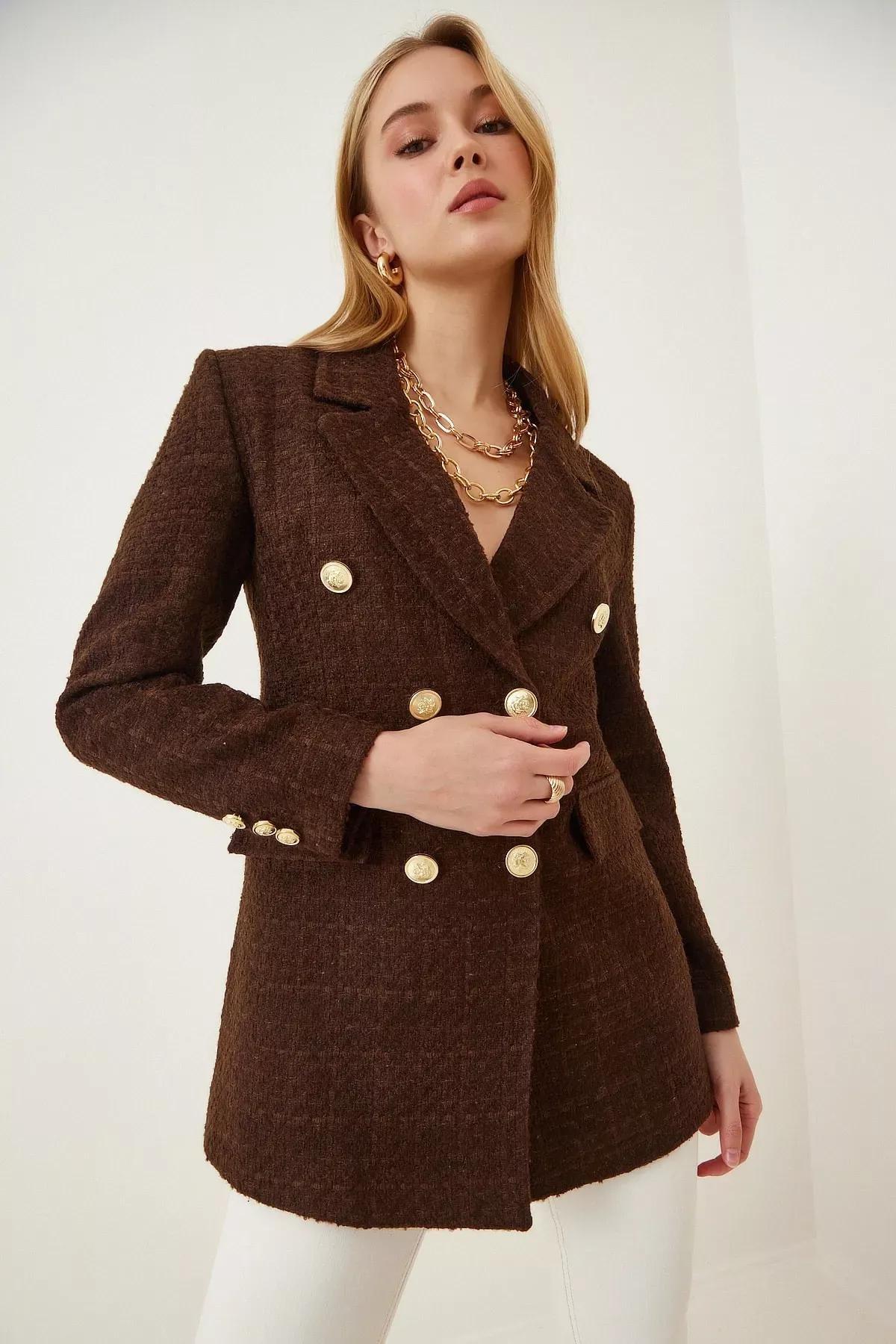 Brown Double-Breasted Lapel Blazer, , large image number 0