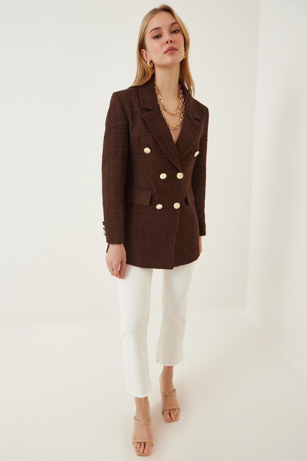 Brown Double-Breasted Lapel Blazer, Brown, large image number 1
