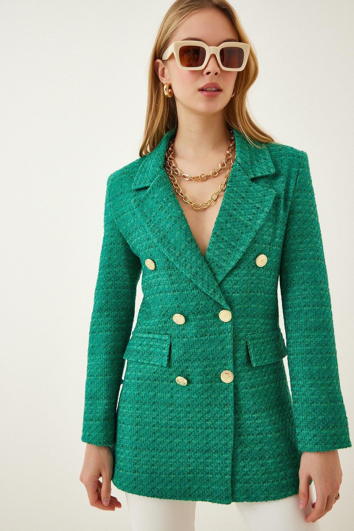Green Double-Breasted Lapel Collar Blazer, , medium