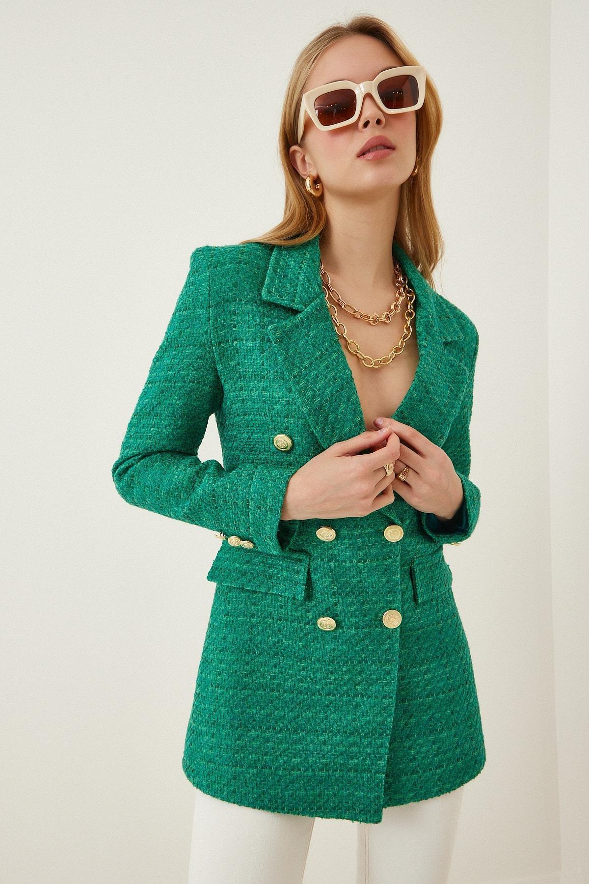 Green Double-Breasted Lapel Collar Blazer, , large image number 1