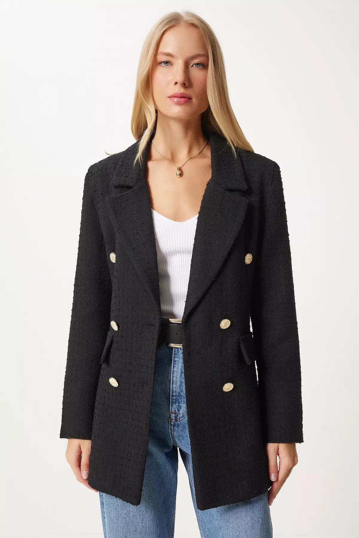 Black Double-Breasted Lapel Collar Blazer, BLACK, large image number 0
