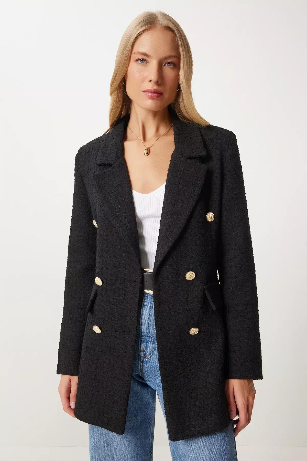 Black Double-Breasted Lapel Collar Blazer, BLACK, large image number 1