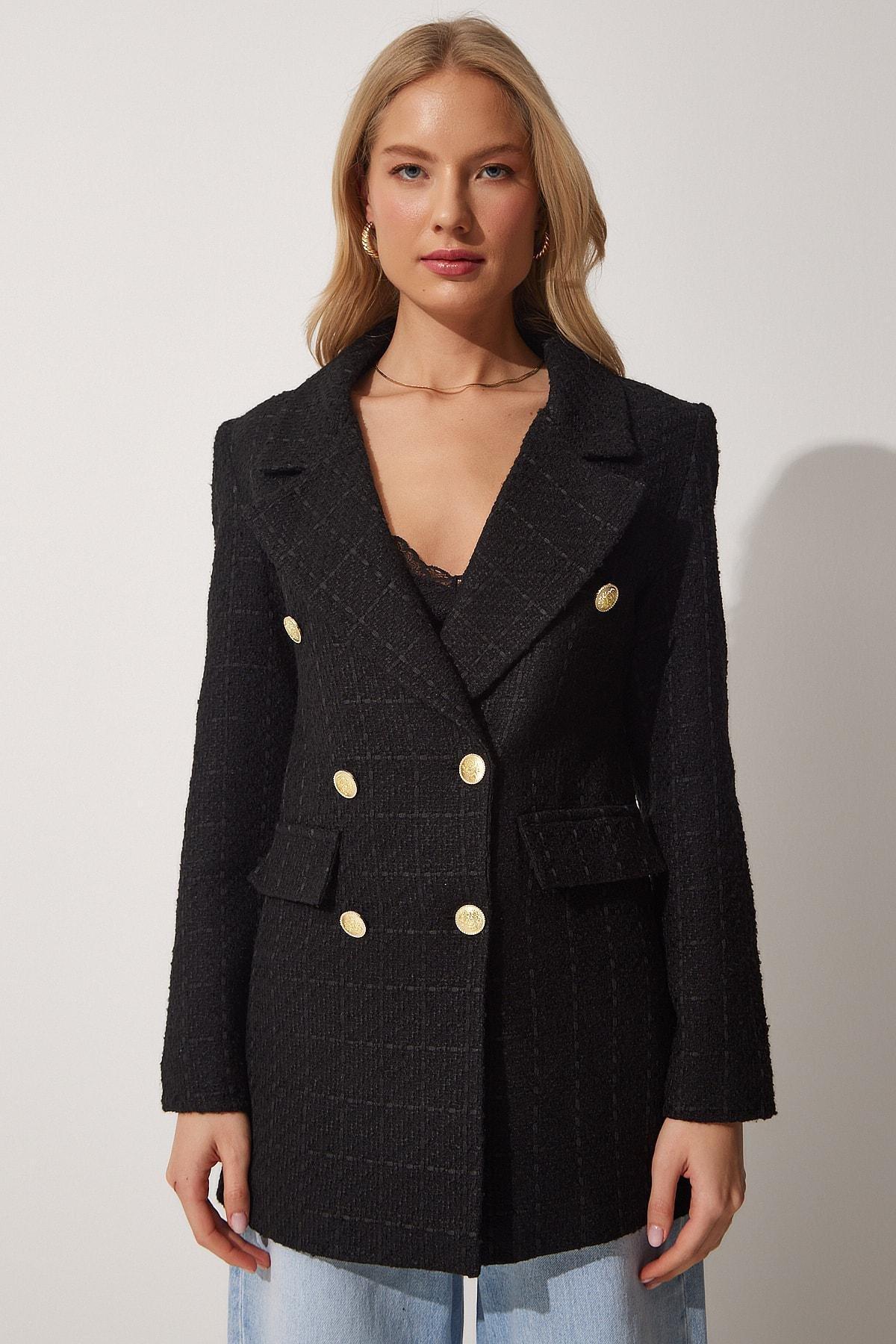 Happiness Istanbul - Black Double-Breasted Lapel Collar Blazer