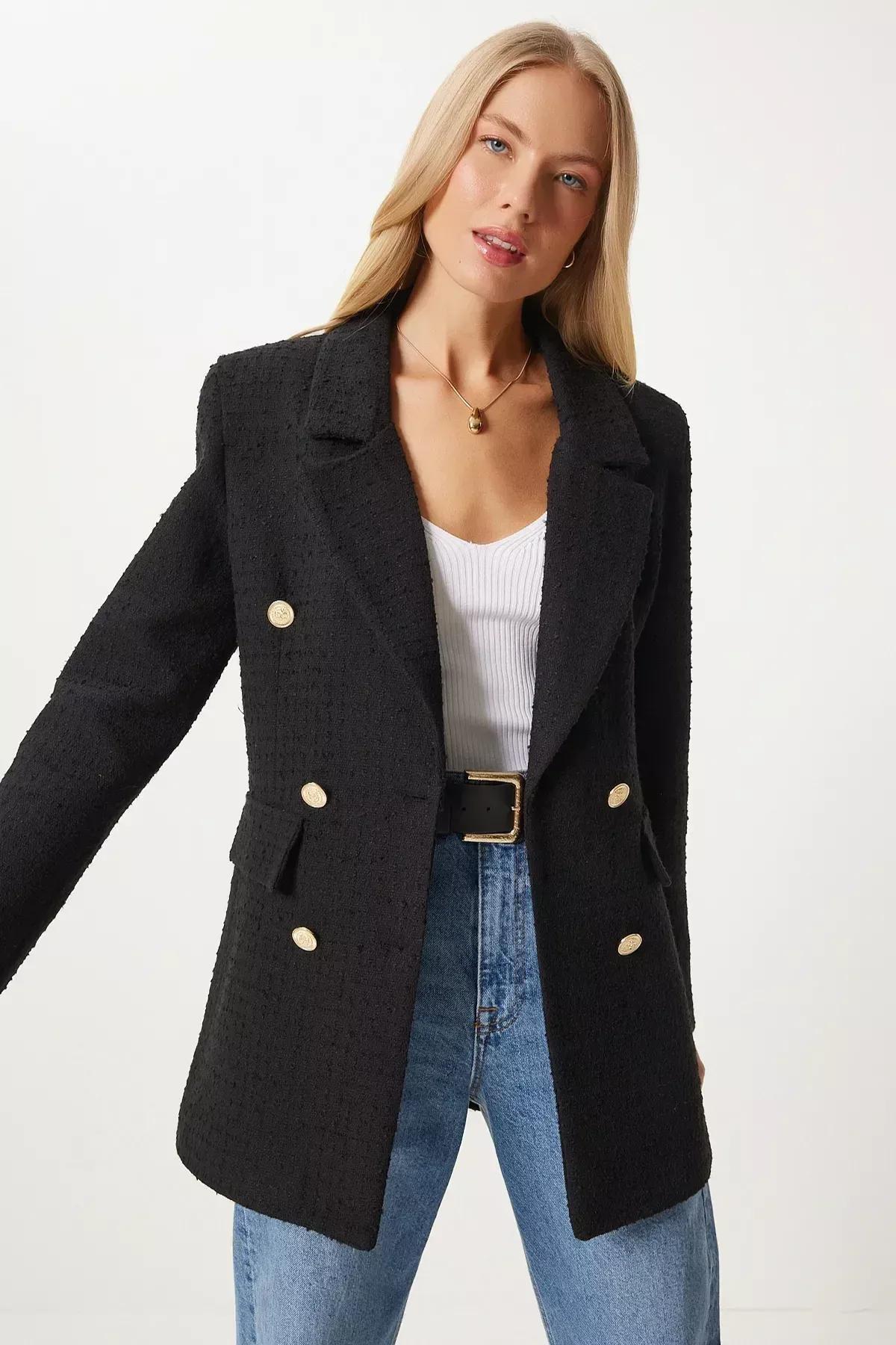 Black Double-Breasted Lapel Collar Blazer, BLACK, large image number 2