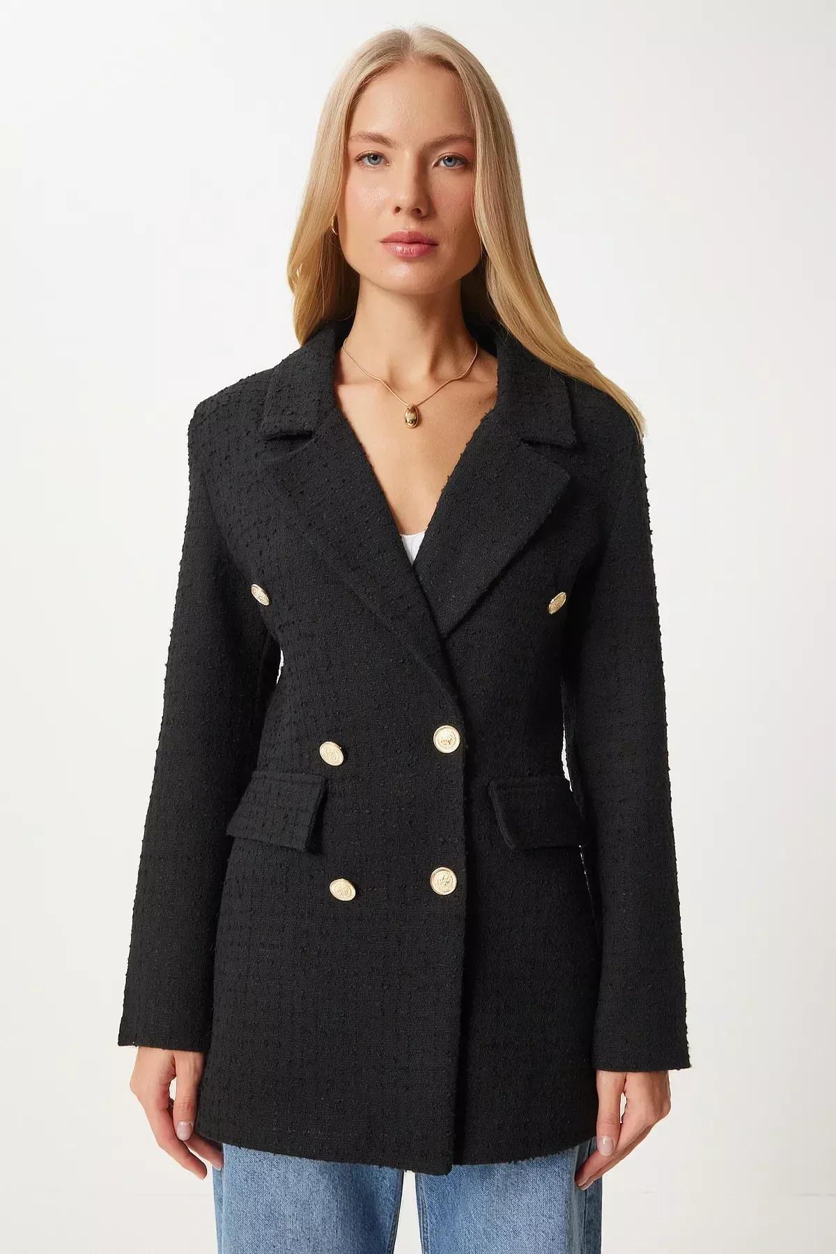 Black Double-Breasted Lapel Collar Blazer, BLACK, large image number 3