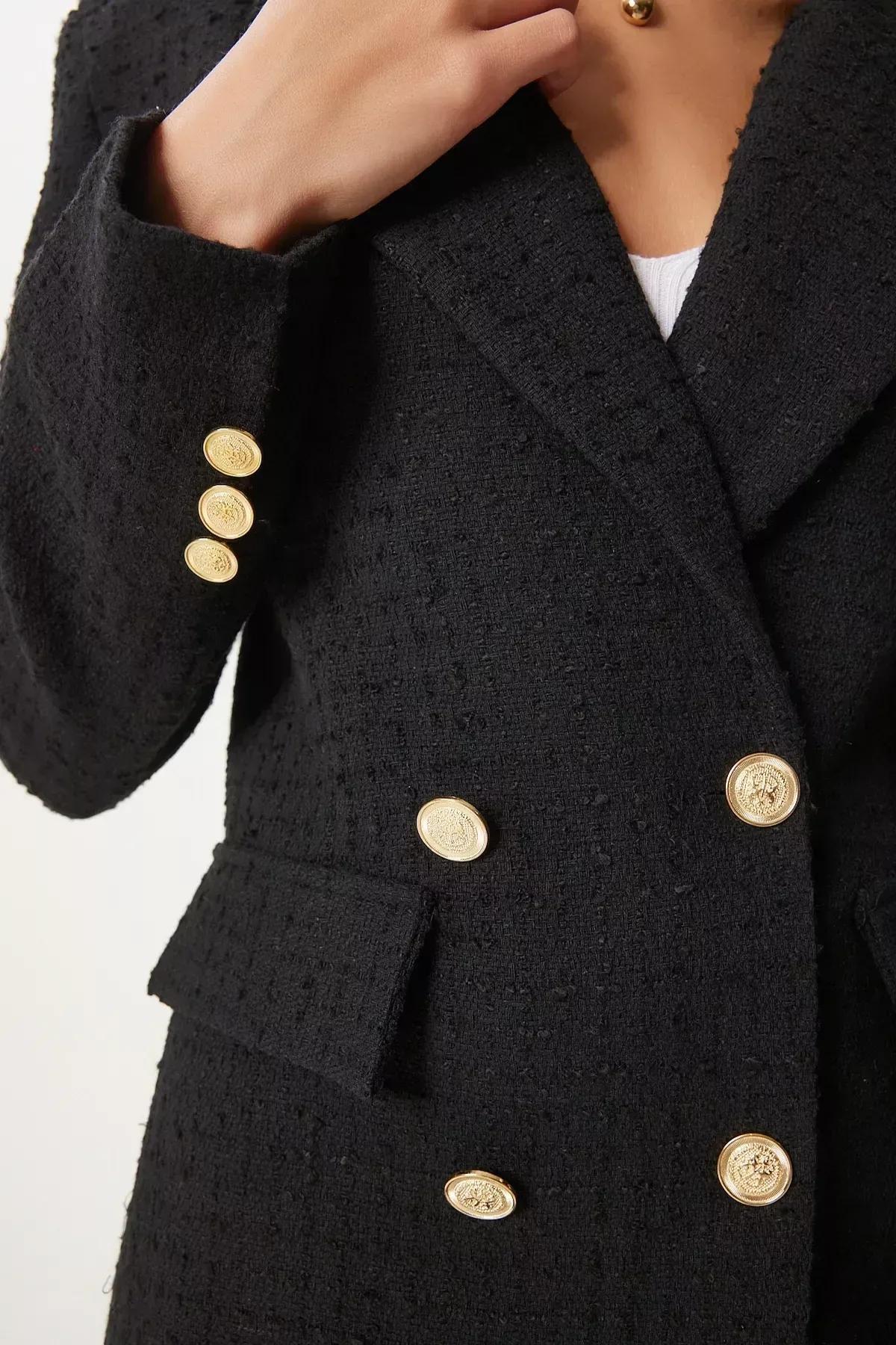 Black Double-Breasted Lapel Collar Blazer, BLACK, large image number 5