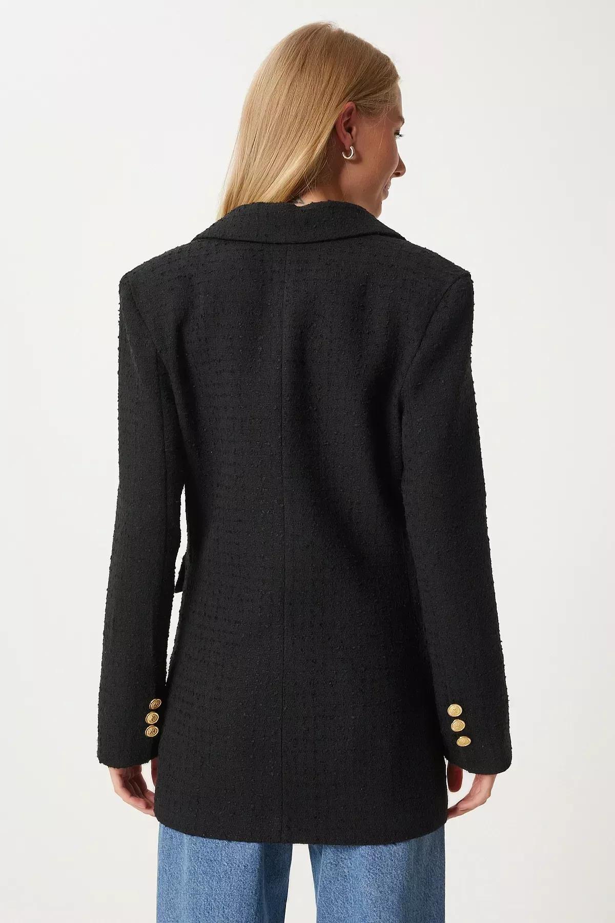 Black Double-Breasted Lapel Collar Blazer, BLACK, large image number 6
