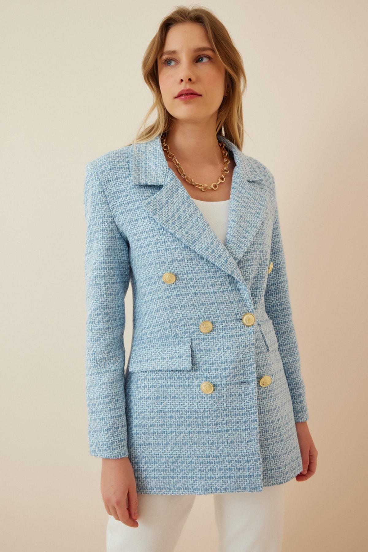 Blue Double-Breasted Lapel Collar Blazer, , large image number 0