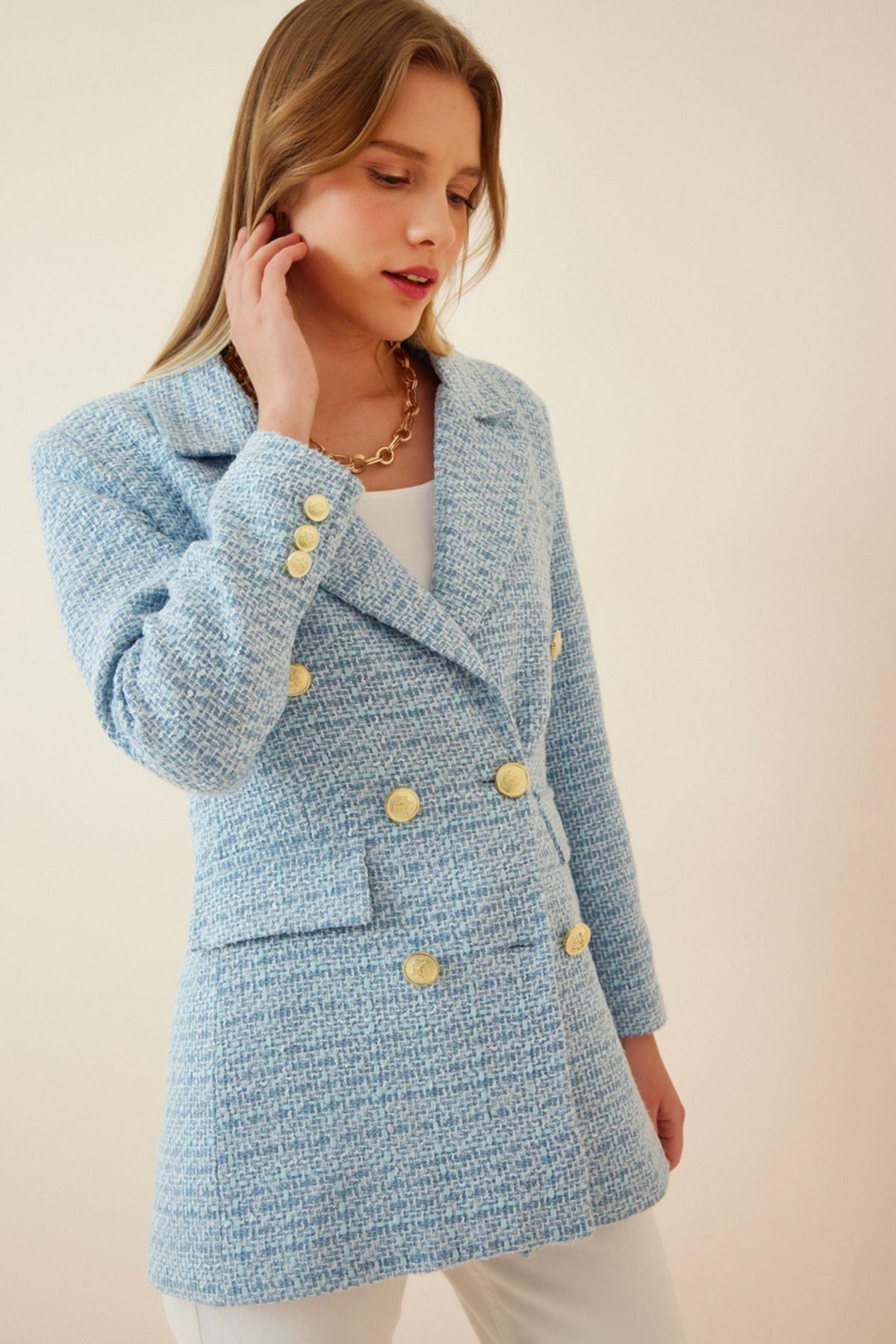 Blue Double-Breasted Lapel Collar Blazer, , large image number 1