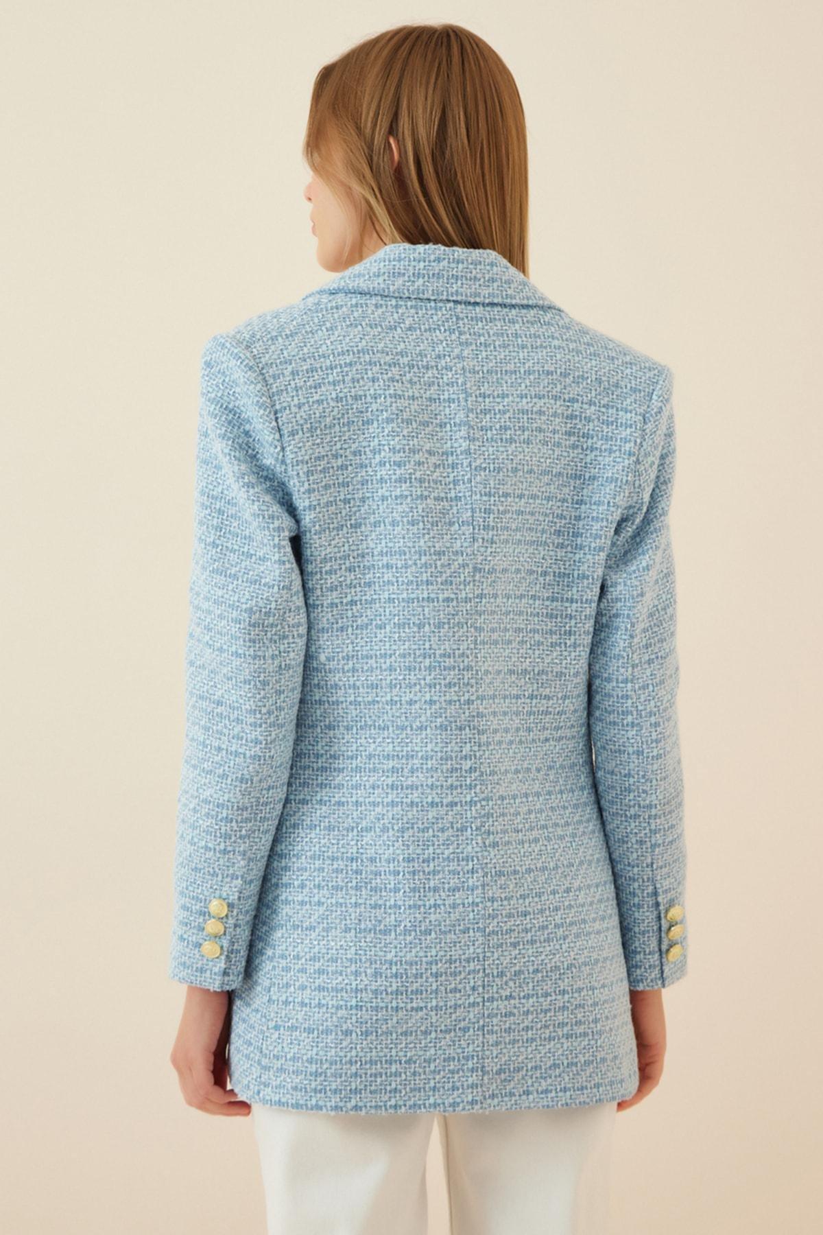 Blue Double-Breasted Lapel Collar Blazer, , large image number 2