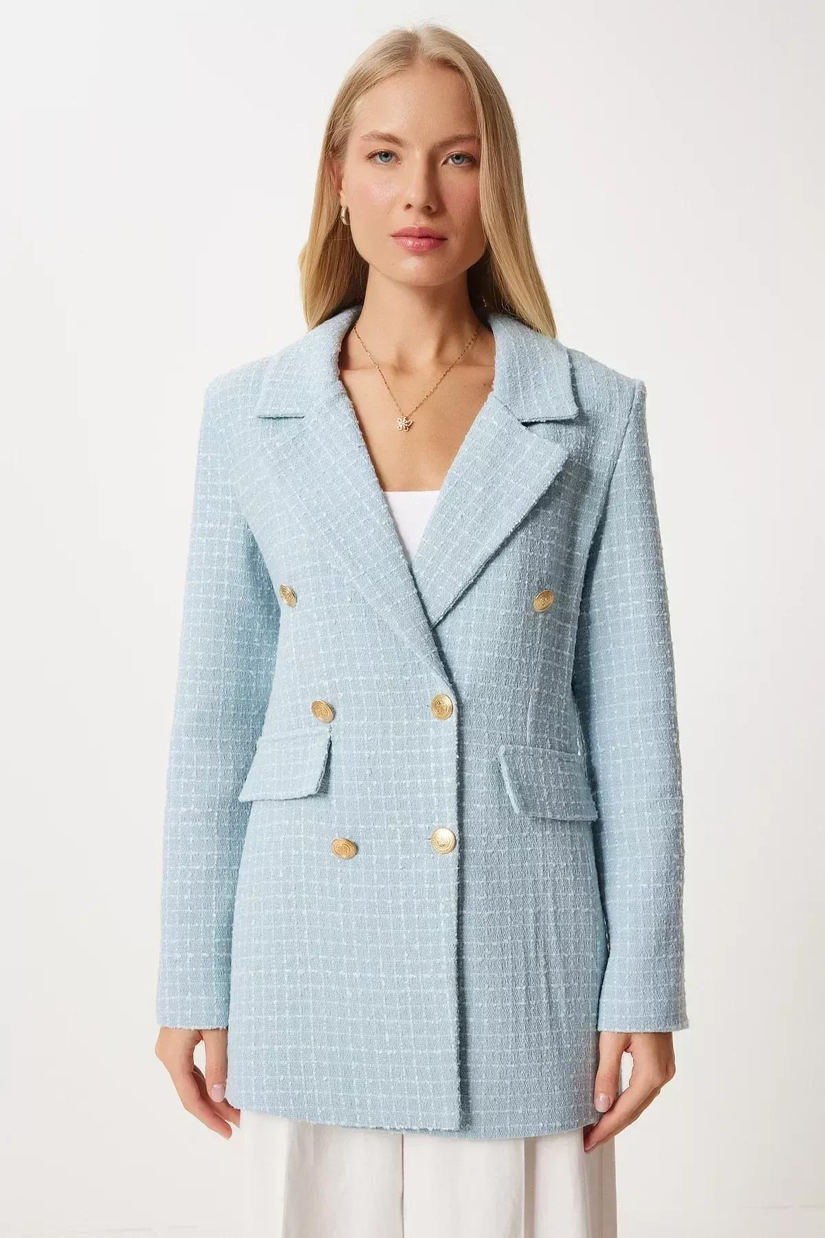 Blue Double-Breasted Lapel Collar Blazer, SKY BLUE, large image number 3