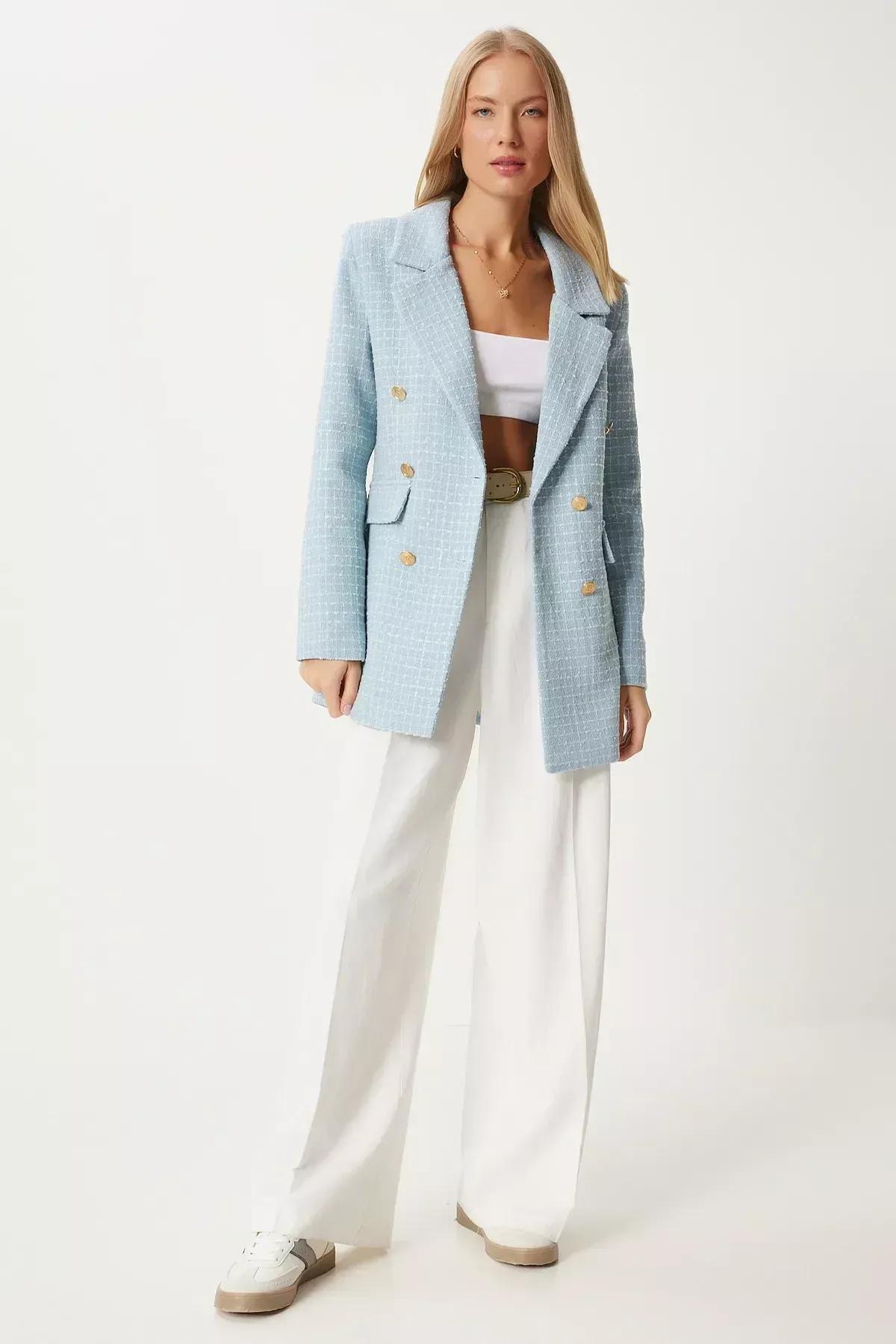 Blue Double-Breasted Lapel Collar Blazer, SKY BLUE, large image number 4