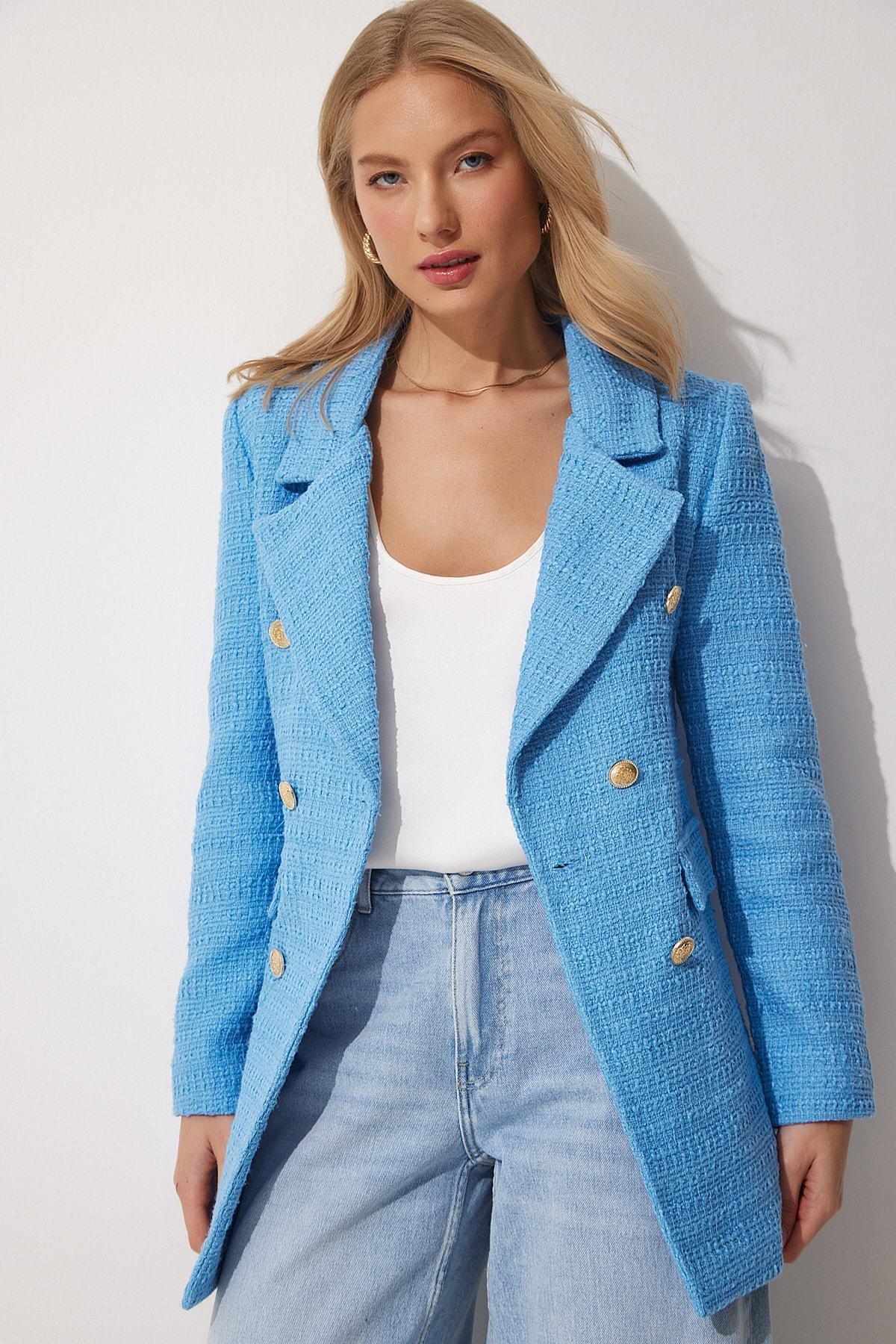 Blue Double-Breasted Lapel Collar Blazer, Blue, large image number 0