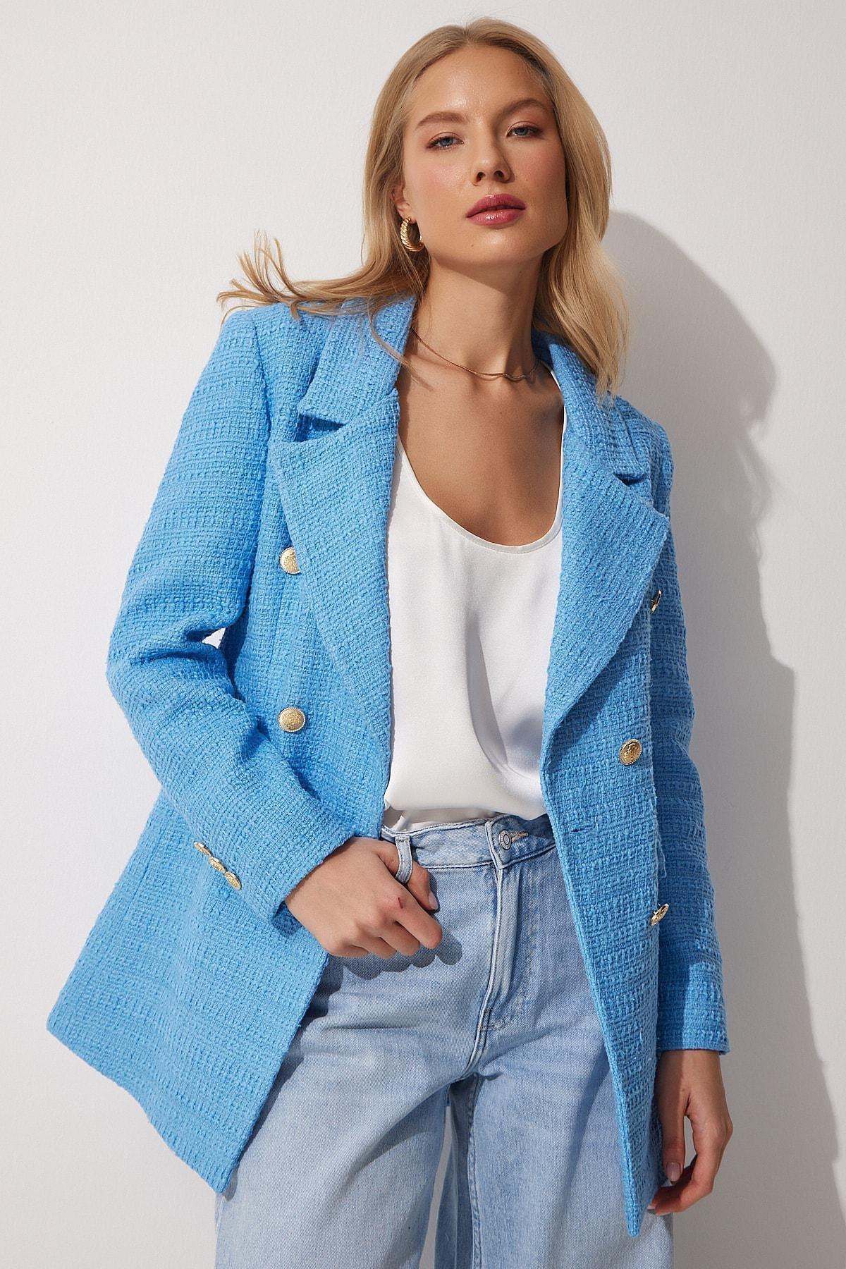 Blue Double-Breasted Lapel Collar Blazer, Blue, large image number 1