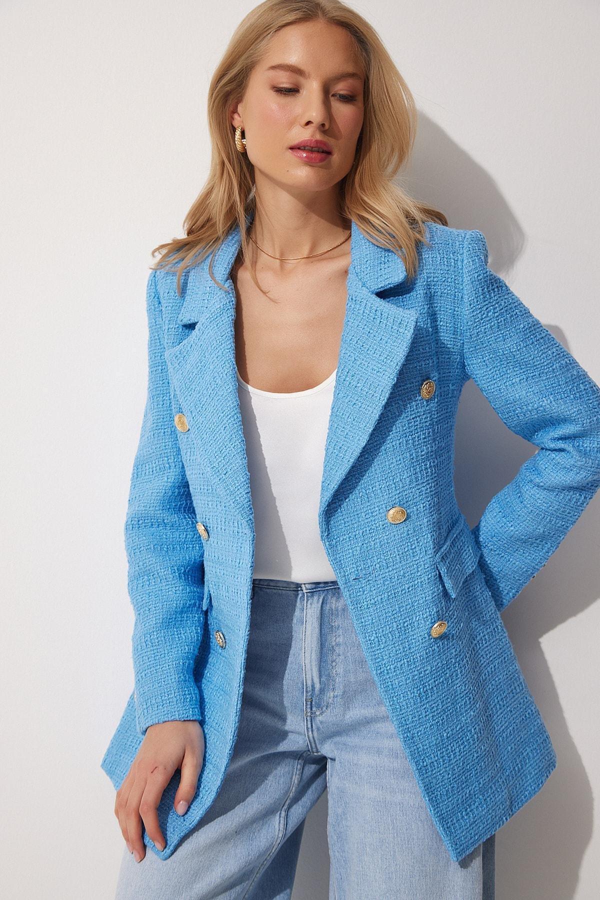 Blue Double-Breasted Lapel Collar Blazer, Blue, large image number 2