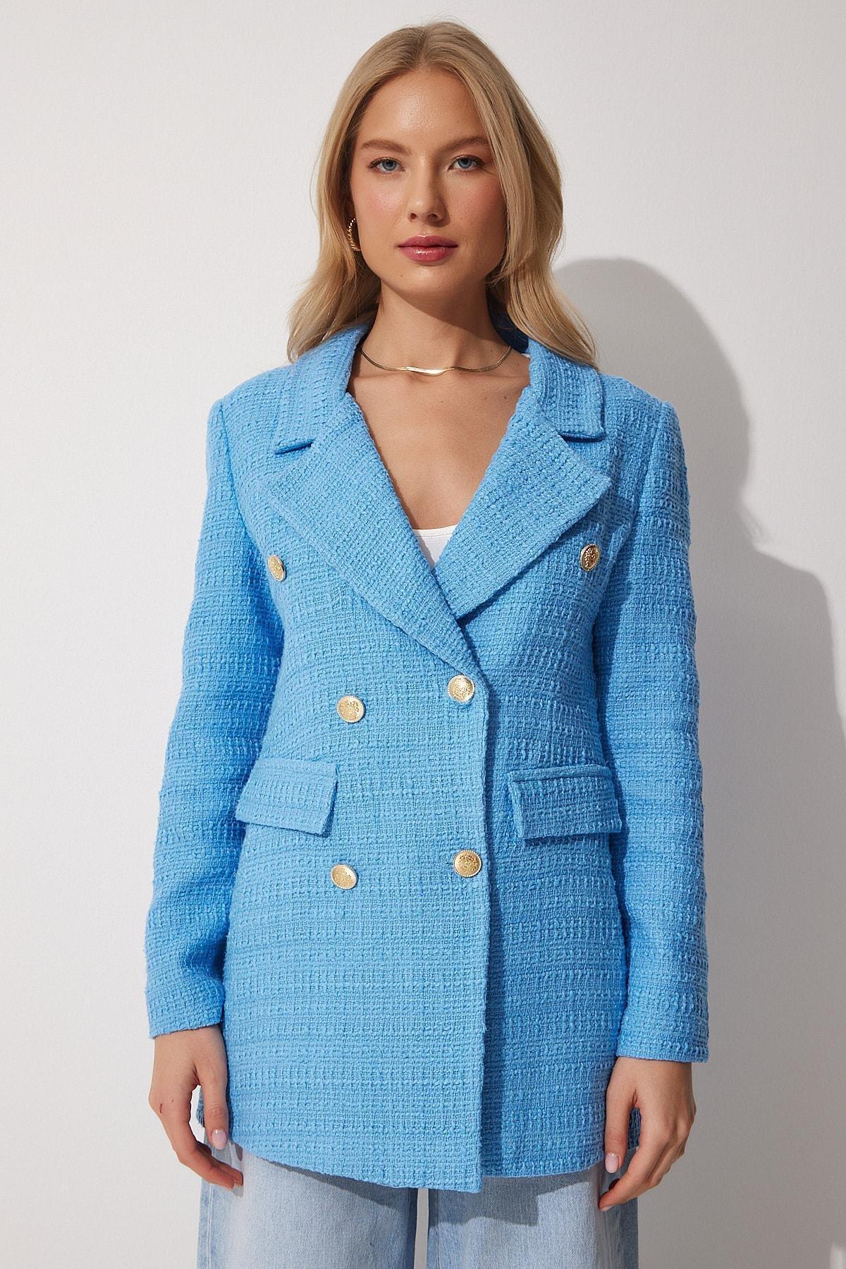 Blue Double-Breasted Lapel Collar Blazer, Blue, large image number 3