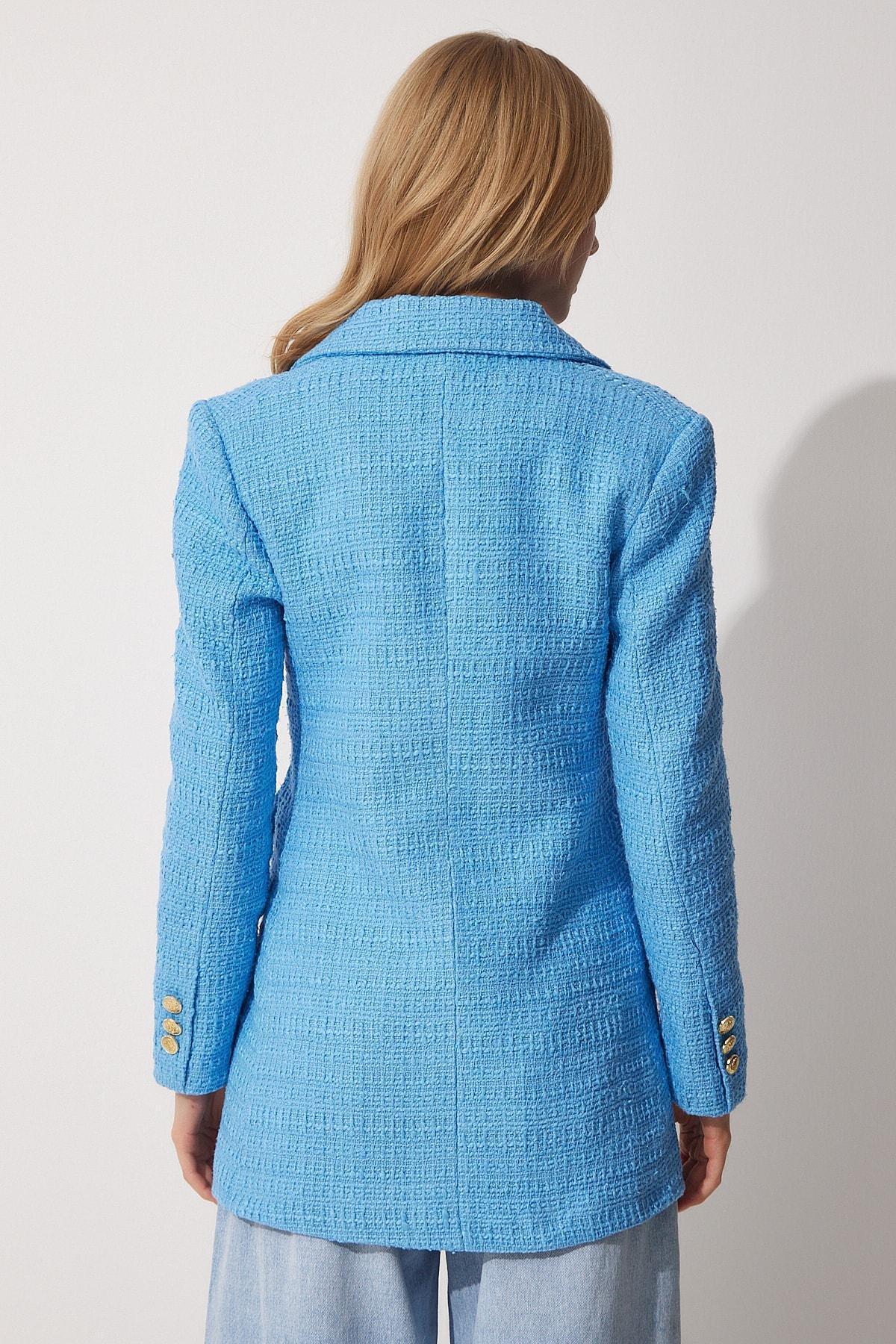 Blue Double-Breasted Lapel Collar Blazer, Blue, large image number 4