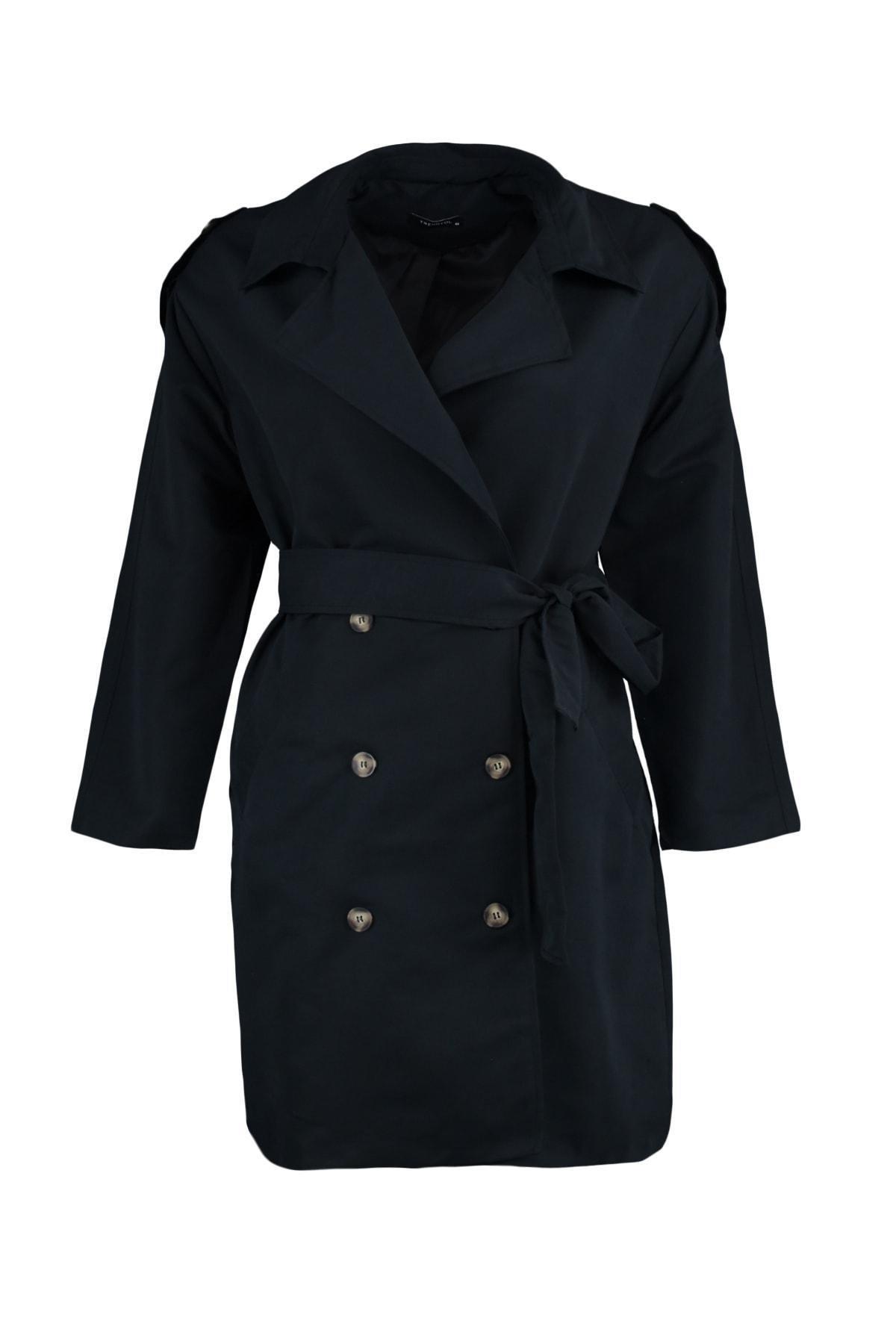 Trendyol - Black Double Breasted Plus Size Trench Coat