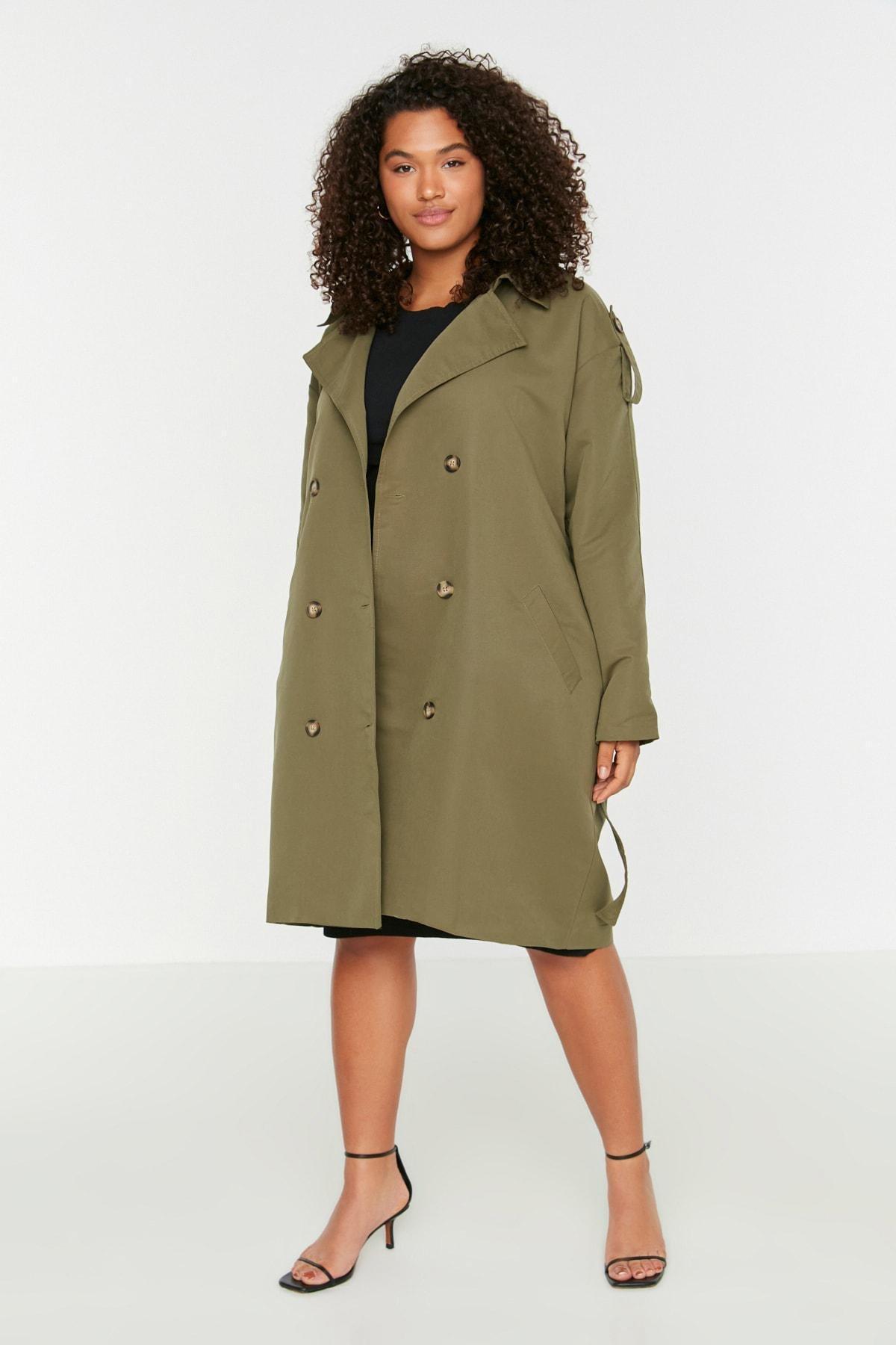 Khaki Double Breasted Plus Size Trench Coat, , large image number 0
