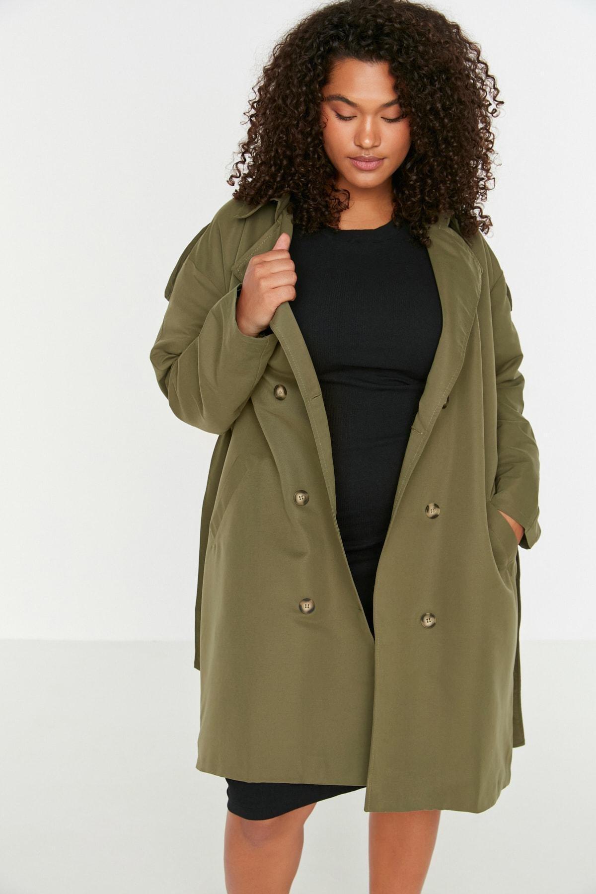 Khaki Double Breasted Plus Size Trench Coat, , large image number 1