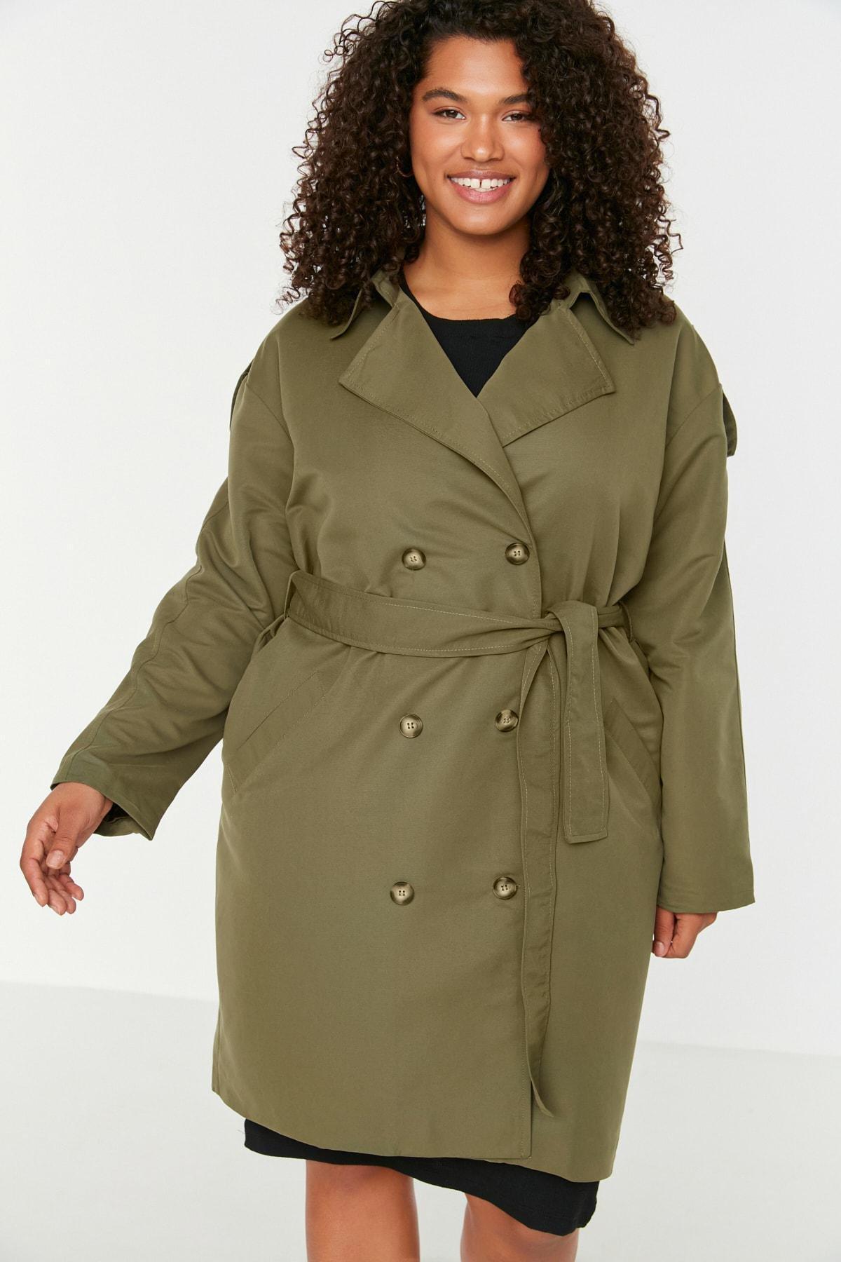 Khaki Double Breasted Plus Size Trench Coat, , large image number 2
