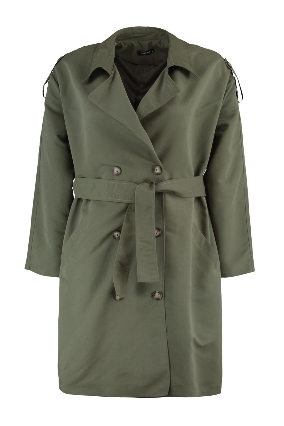 Khaki Double Breasted Plus Size Trench Coat, , large image number 8