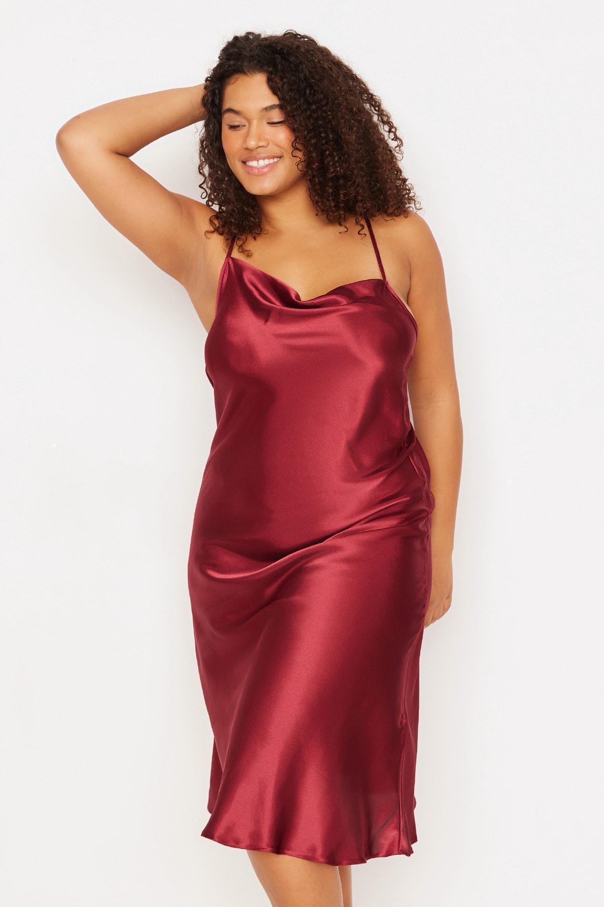 Trendyol - Burgundy Basic Plus Size Nightgown, Set Of 2