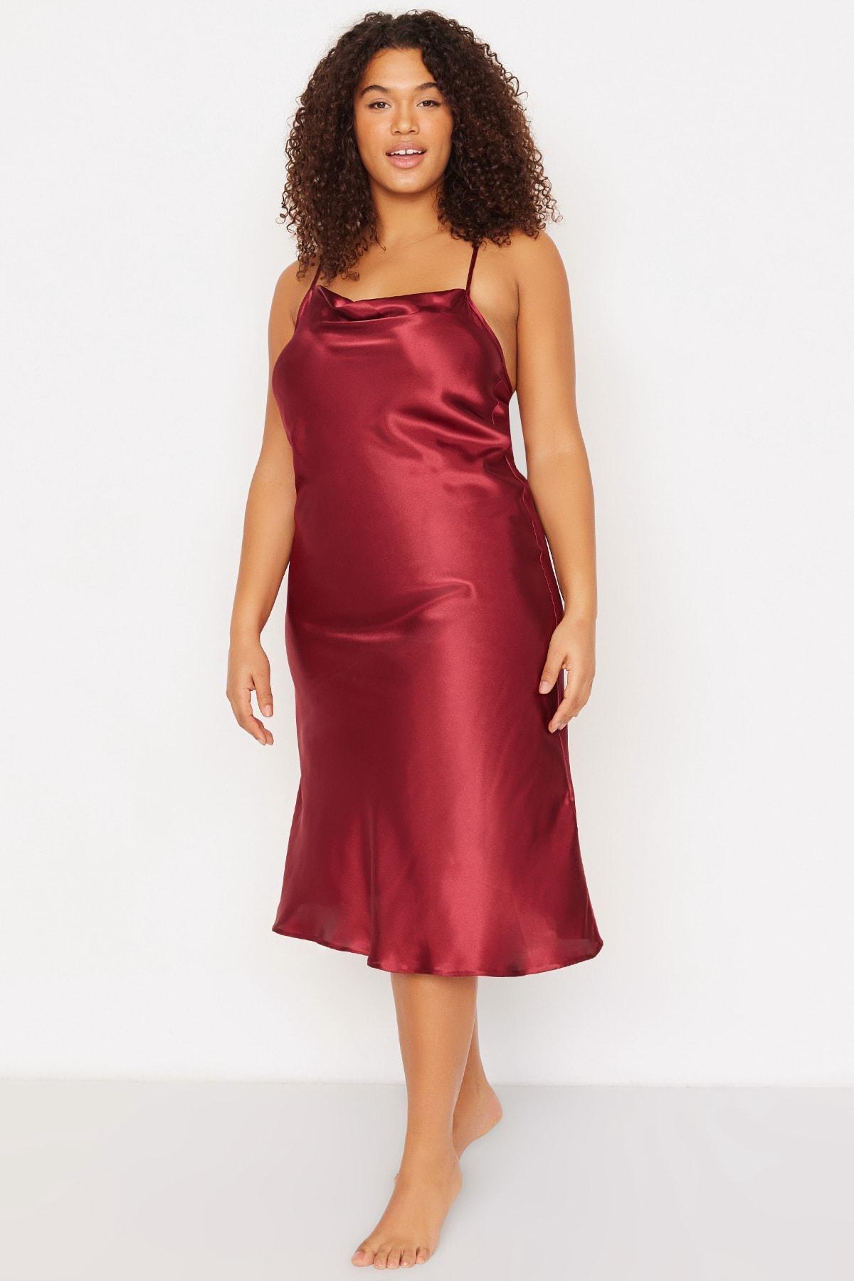 Trendyol - Burgundy Basic Plus Size Nightgown, Set Of 2