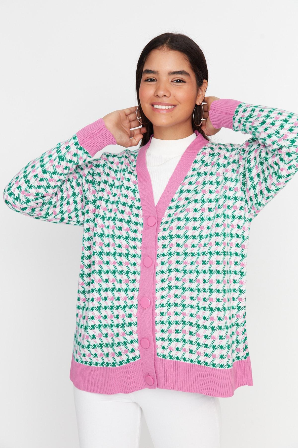 Pink Oversize Houndstooth Pattern Cardigan, , large image number 0
