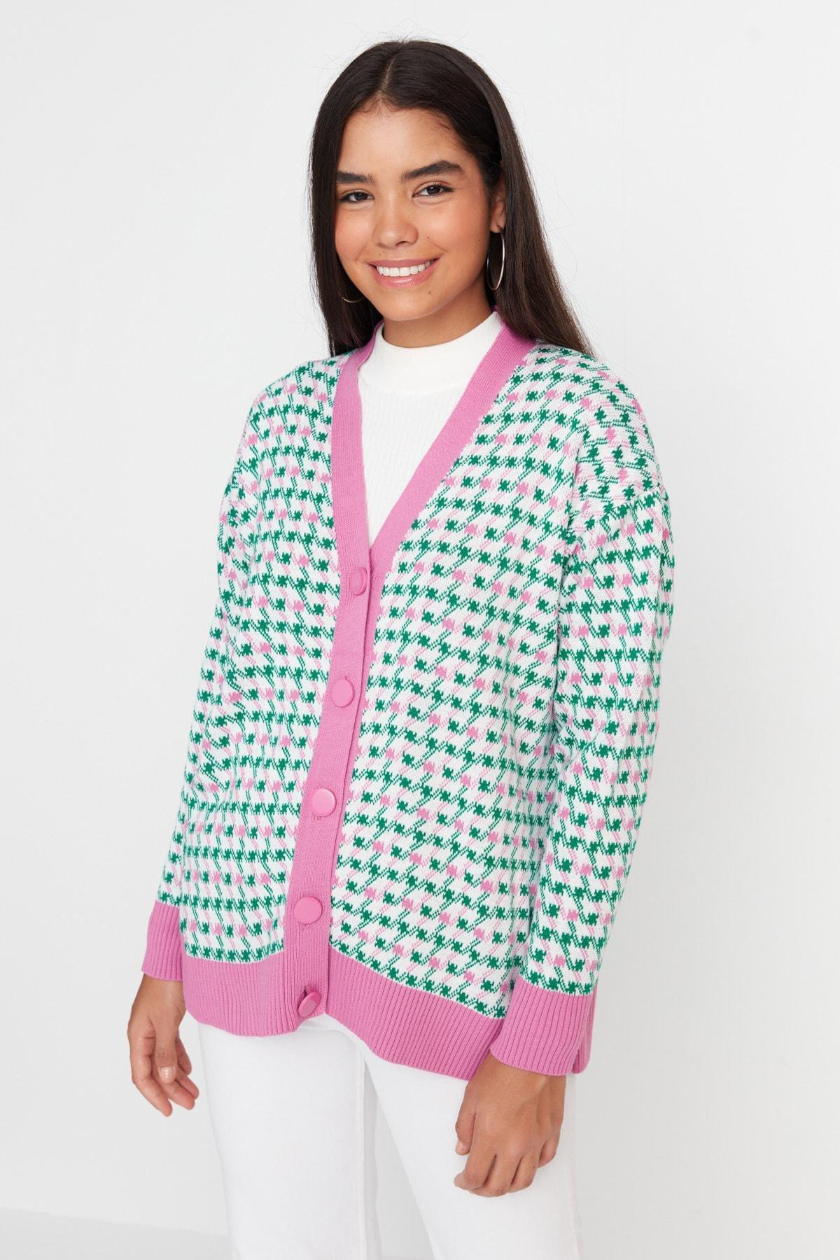 Pink Oversize Houndstooth Pattern Cardigan, , large image number 1