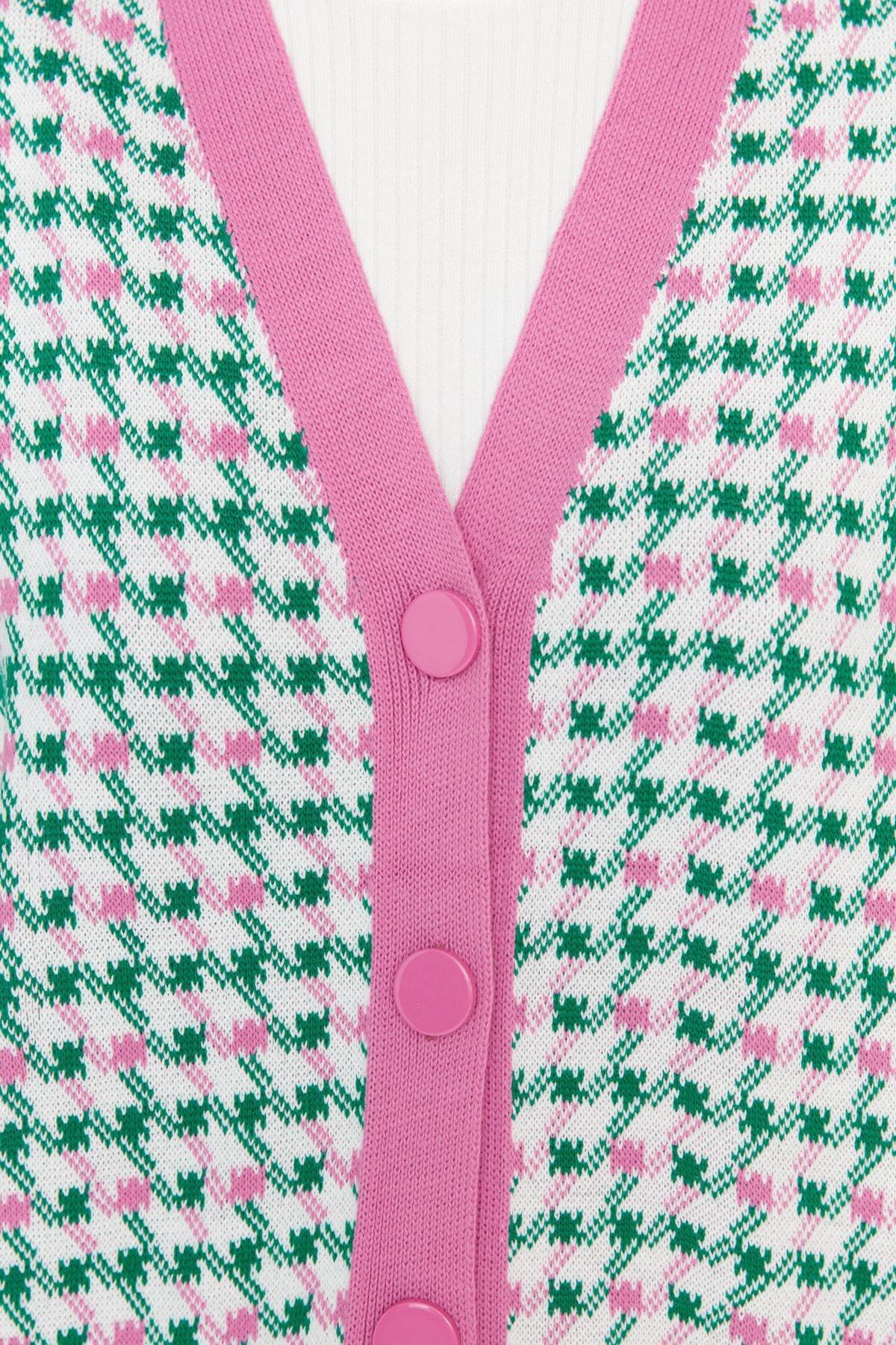 Pink Oversize Houndstooth Pattern Cardigan, , large image number 2