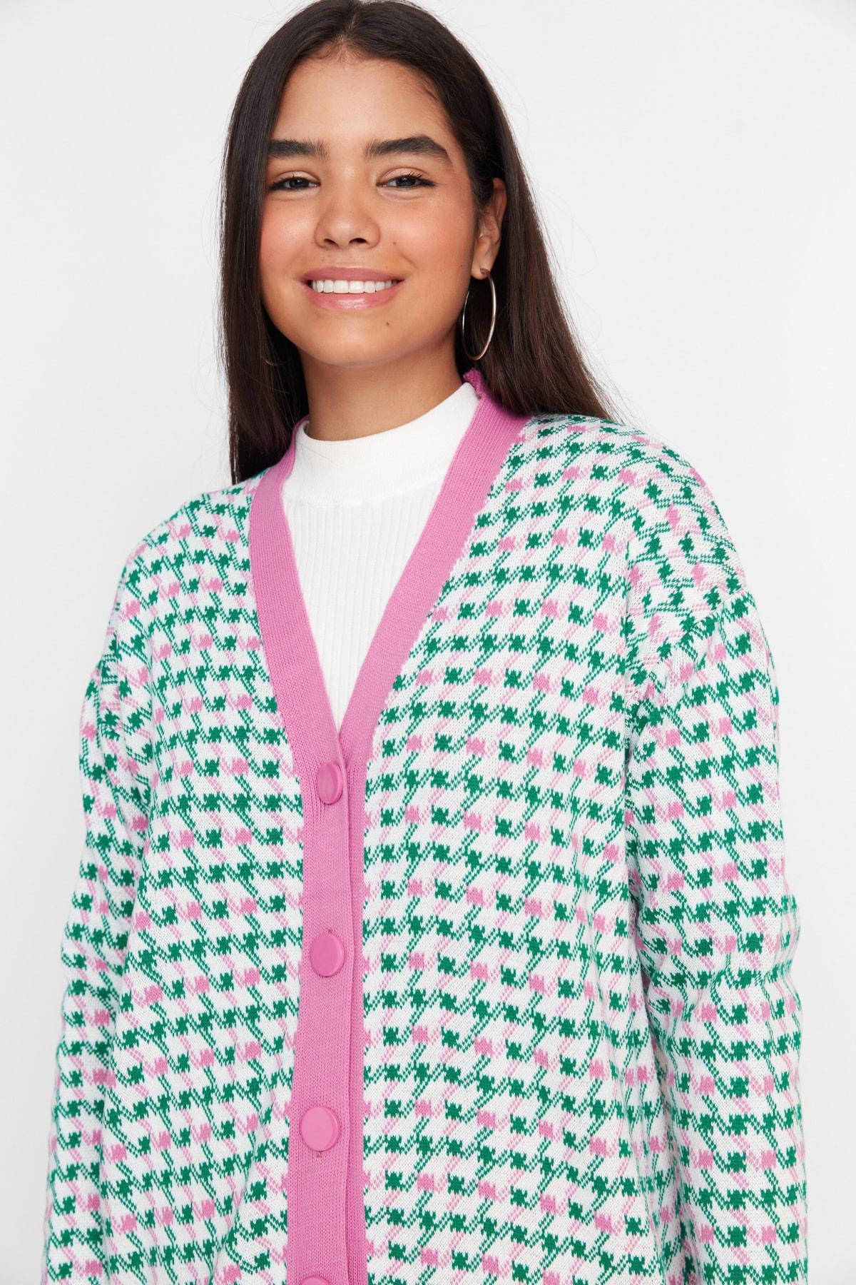Pink Oversize Houndstooth Pattern Cardigan, , large image number 3