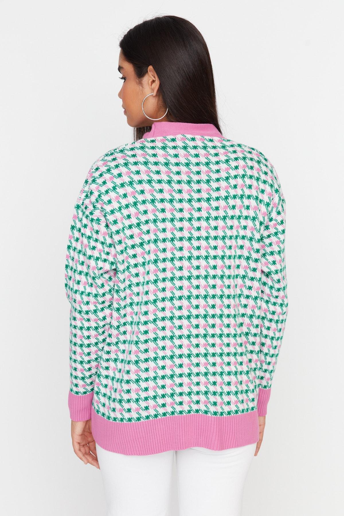 Pink Oversize Houndstooth Pattern Cardigan, , large image number 4