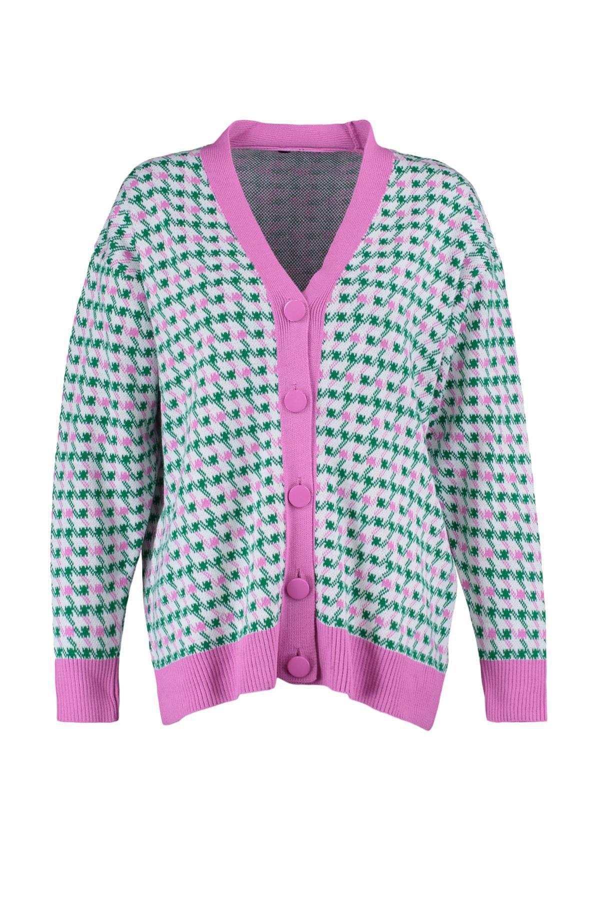 Pink Oversize Houndstooth Pattern Cardigan, , large image number 5