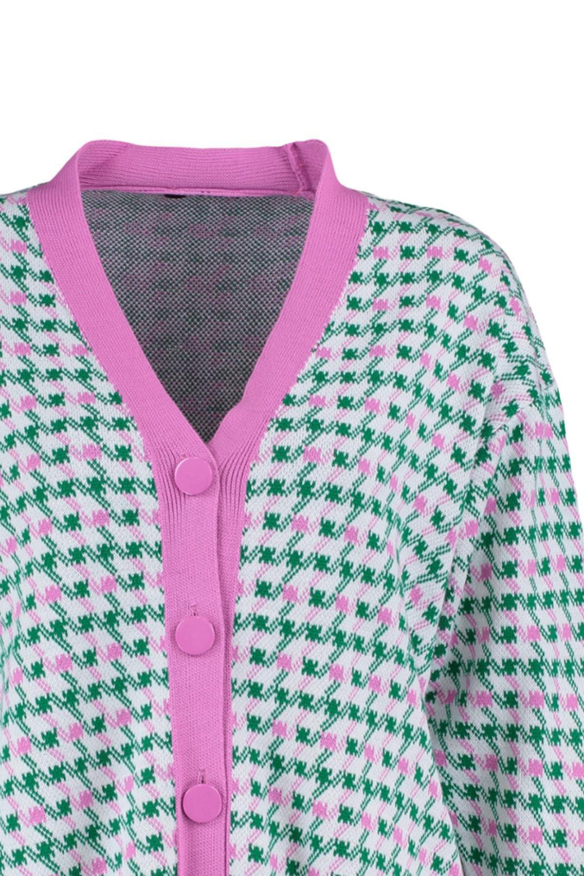 Pink Oversize Houndstooth Pattern Cardigan, , large image number 6