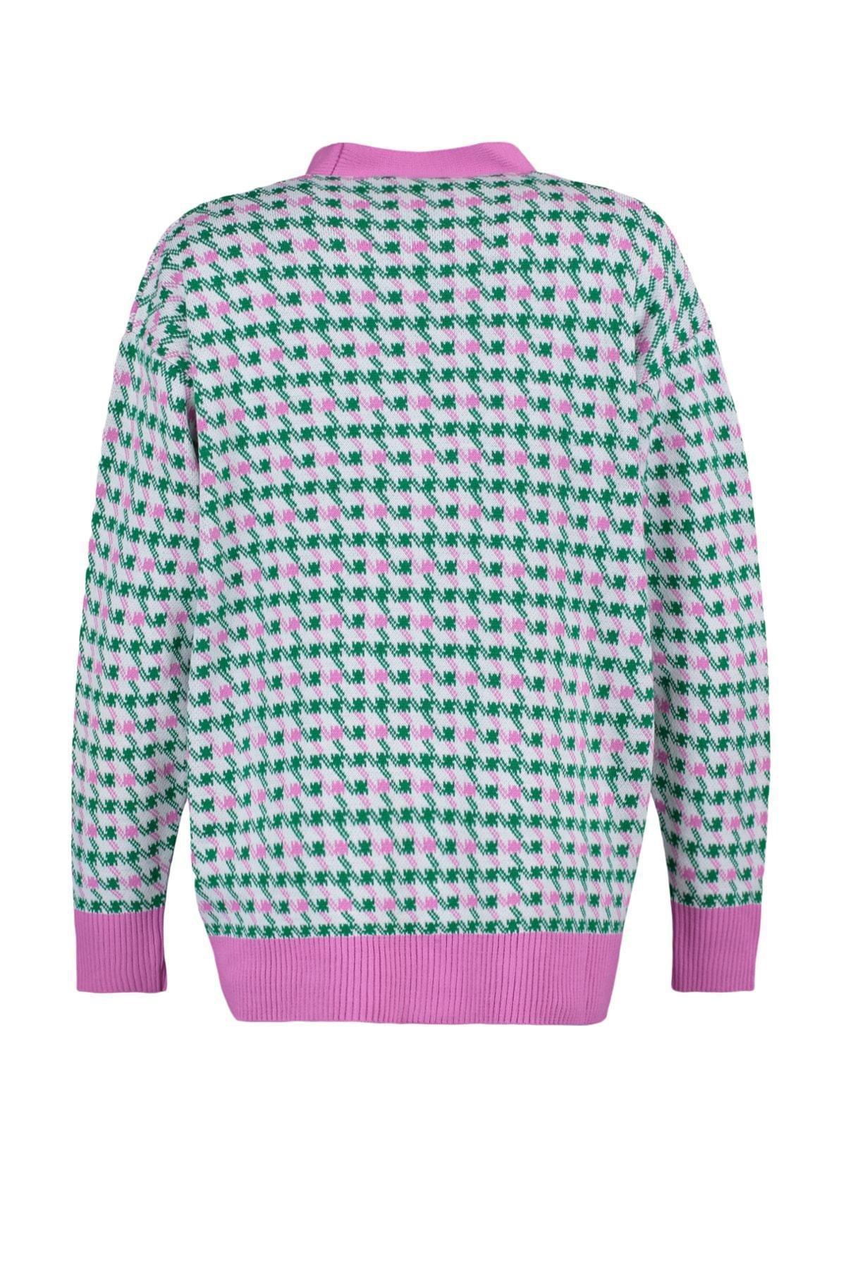 Pink Oversize Houndstooth Pattern Cardigan, , large image number 7