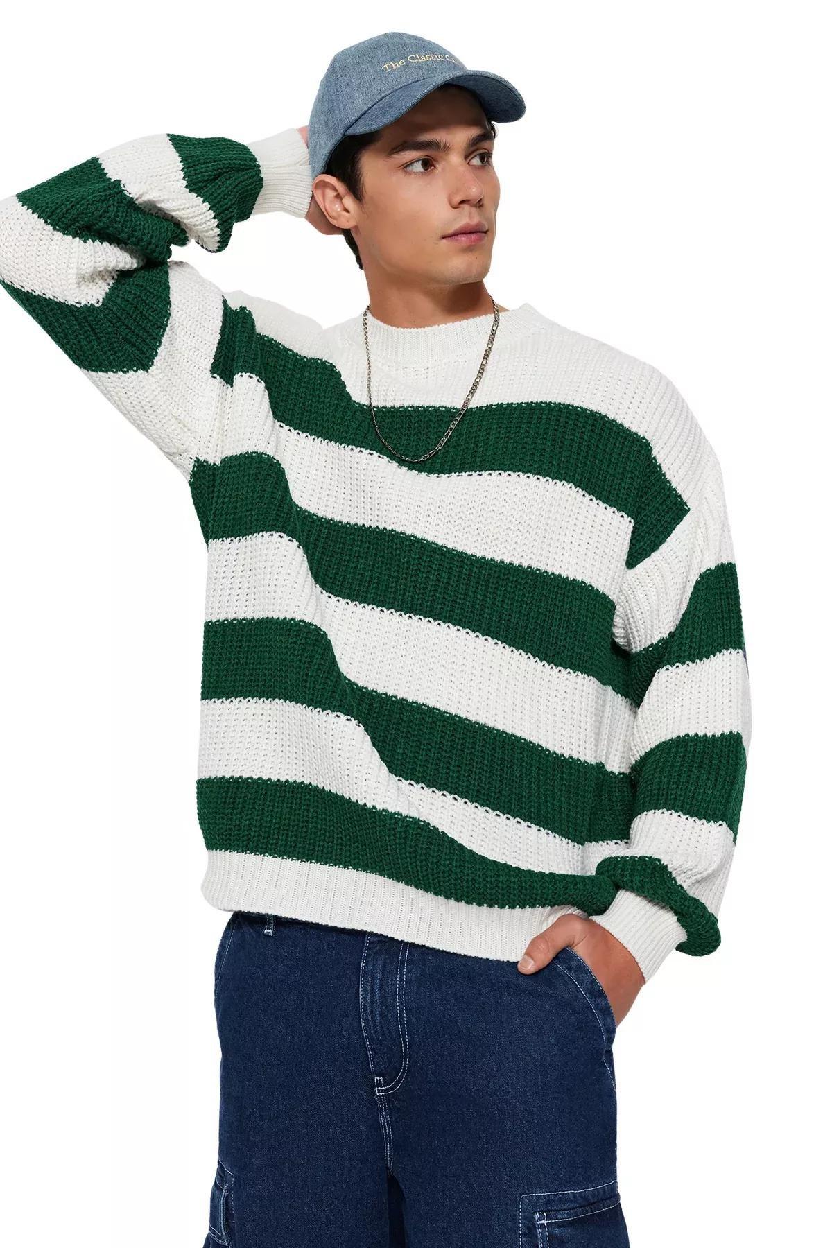 Dark Green Stripe Casual Sweater, Dark green, medium