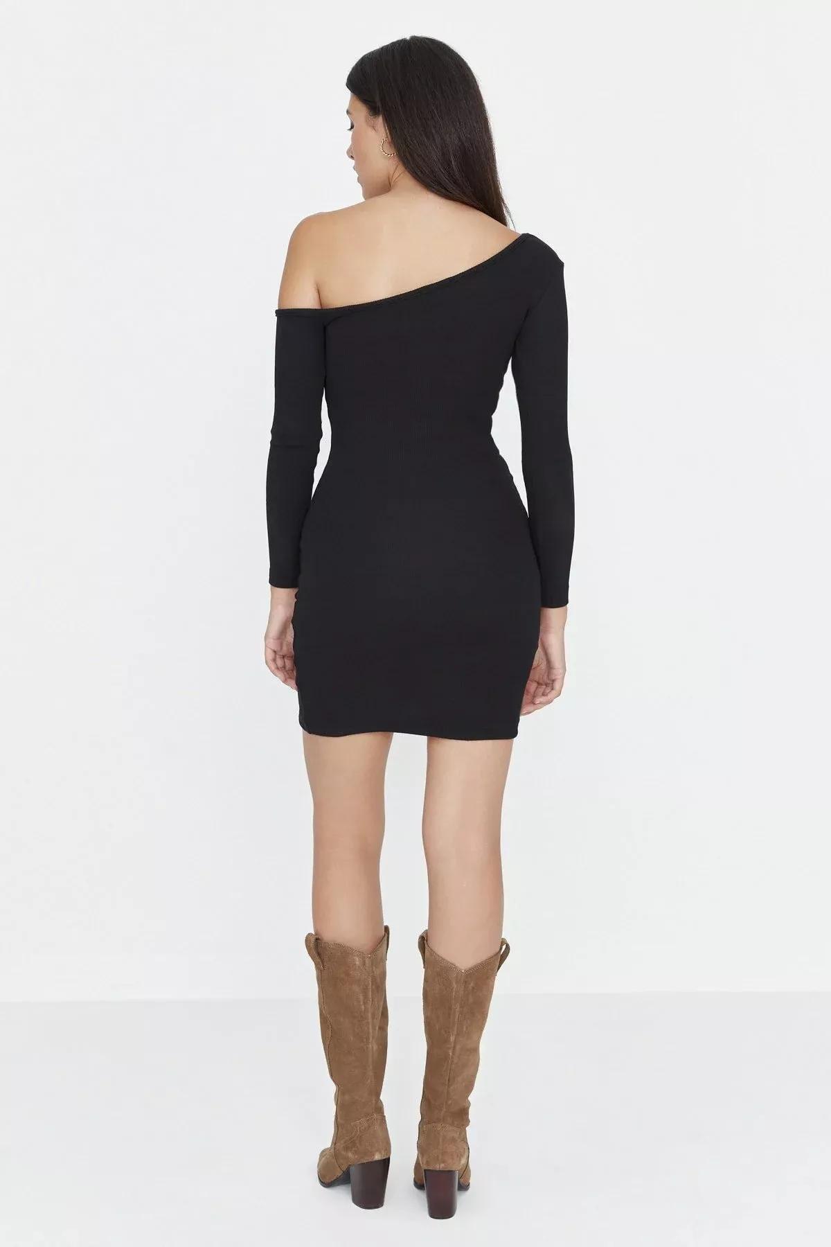Black Boat Neck Bodycon Dress, Black, large image number 4