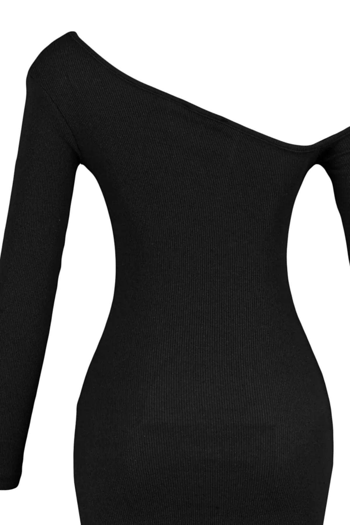 Black Boat Neck Bodycon Dress, Black, large image number 5